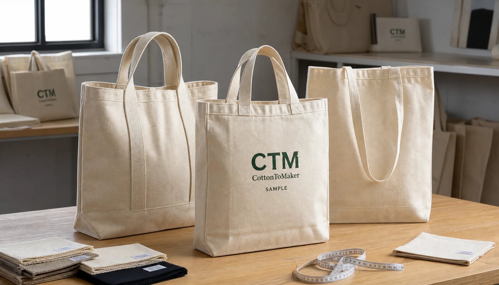 Custom canvas grocery totes with CTM sample logo and fabric swatches in a factory sample room