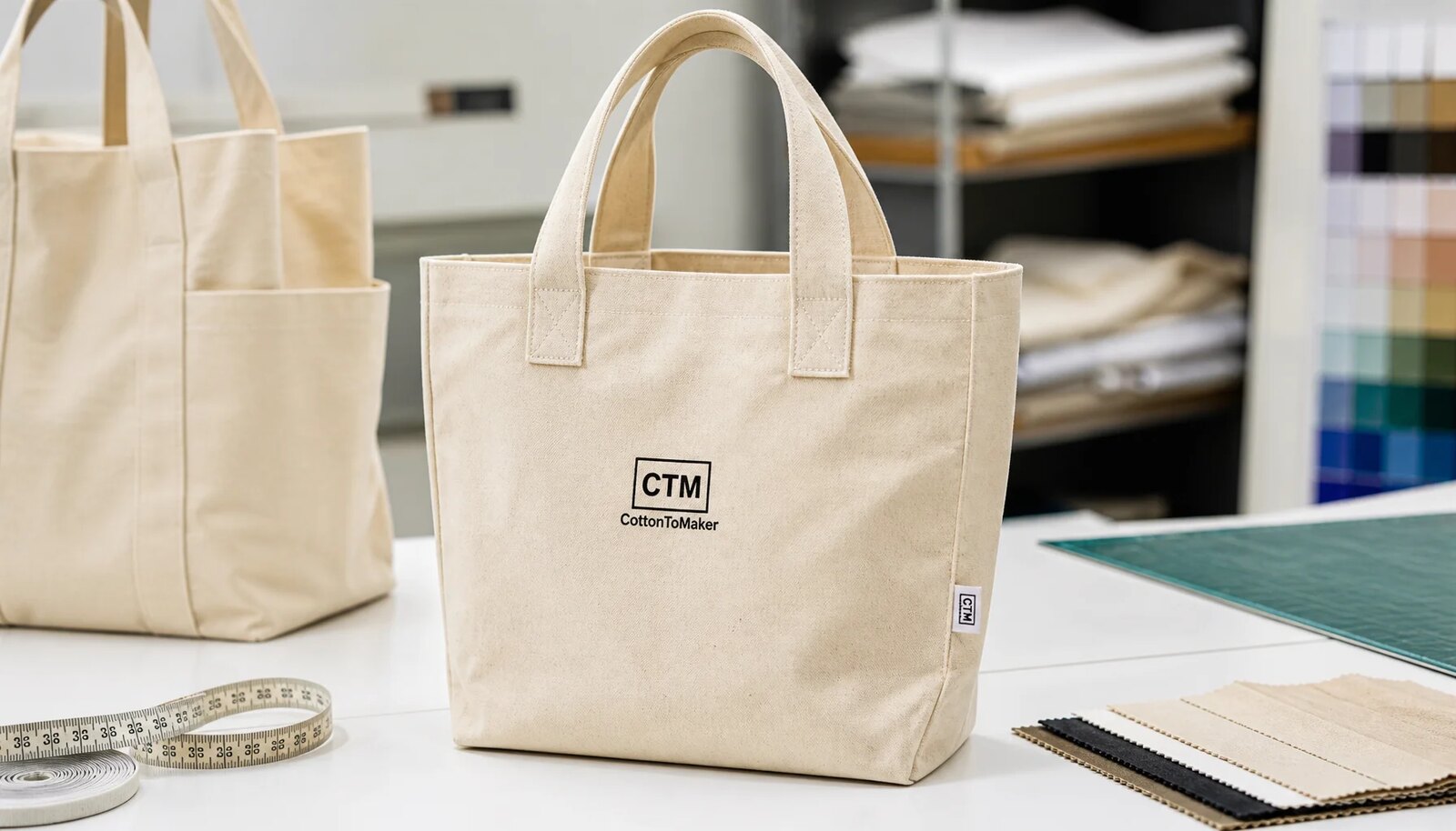 Custom canvas grocery totes with CTM sample logo in a factory sample room