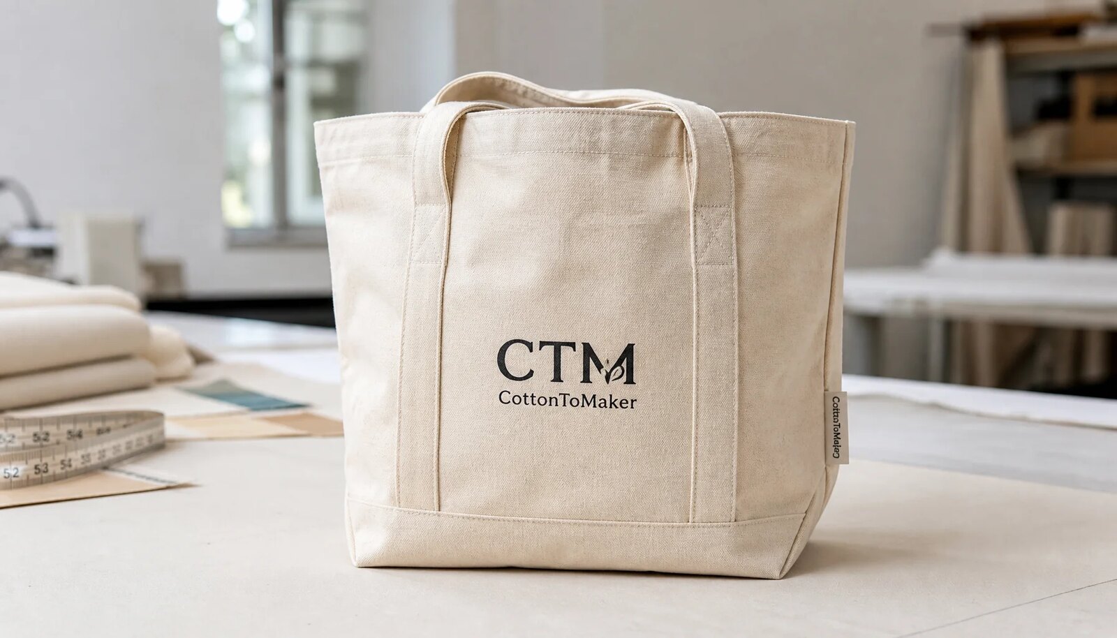 Natural canvas grocery tote with reinforced handles and CTM logo in a factory sample room