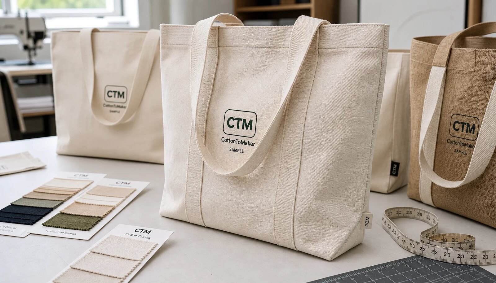 Custom canvas grocery tote samples with CTM CottonToMaker logo in a factory sample room