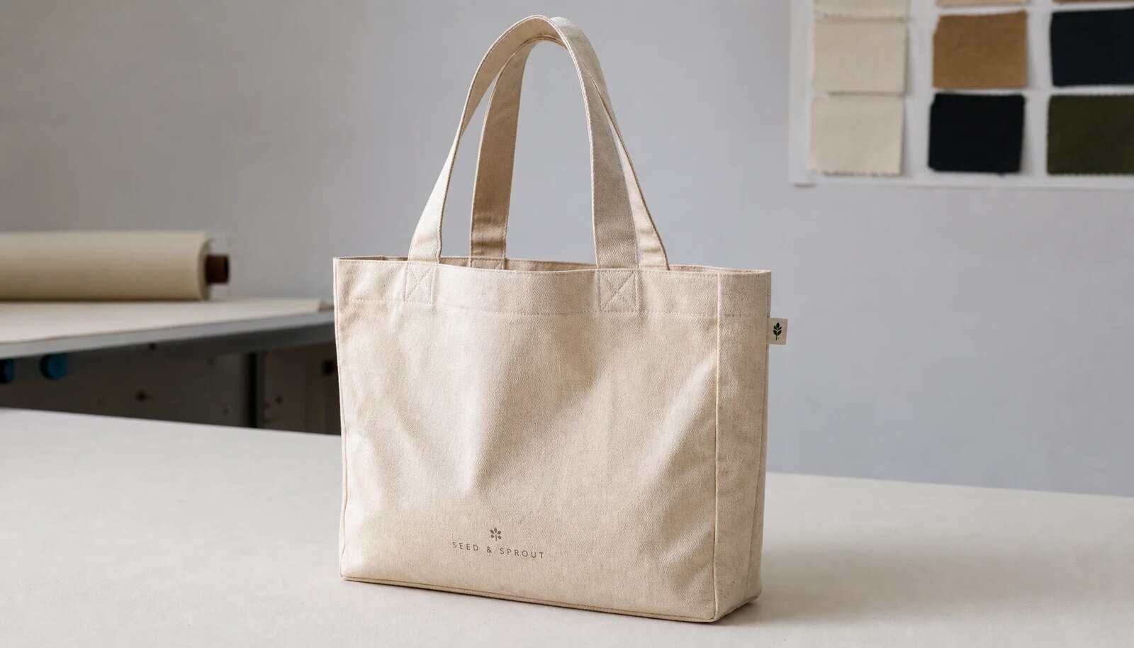 Natural canvas grocery tote with a small CTM sample logo in a factory sample room