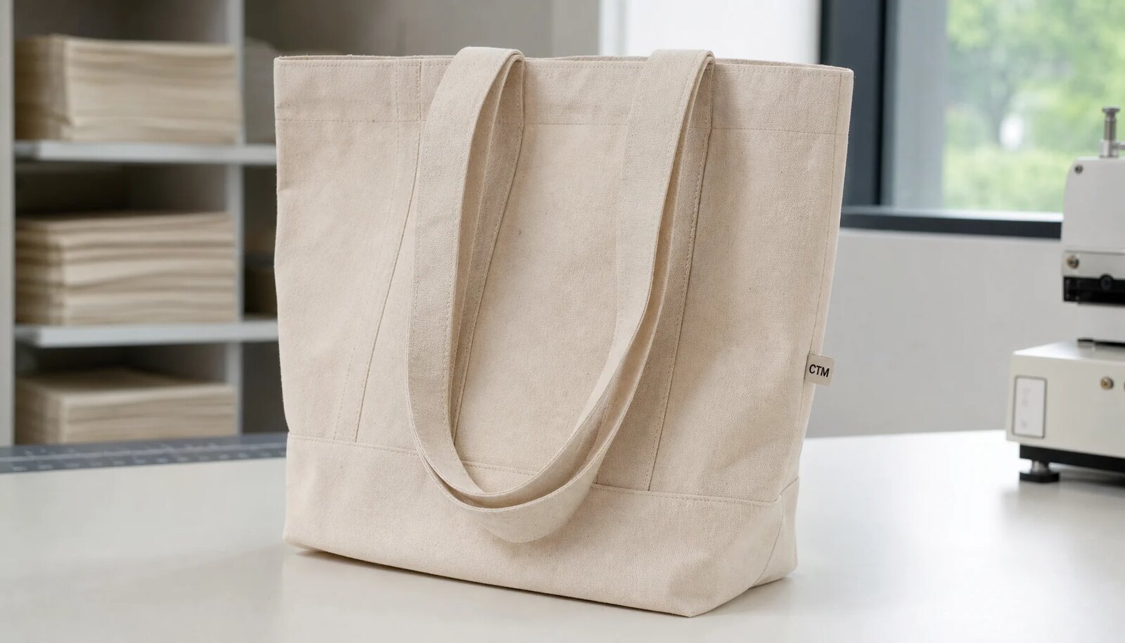 Custom canvas grocery tote sample with CTM logo in a factory sample room