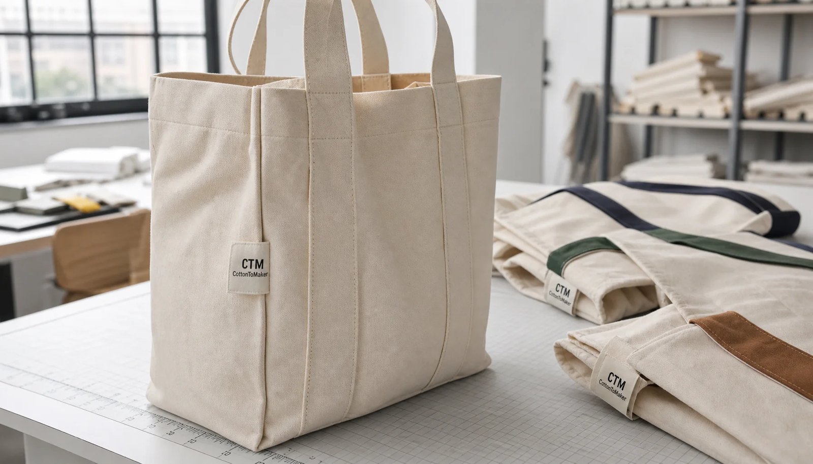Photorealistic canvas grocery tote sample with a small CTM woven side label in a clean factory setting