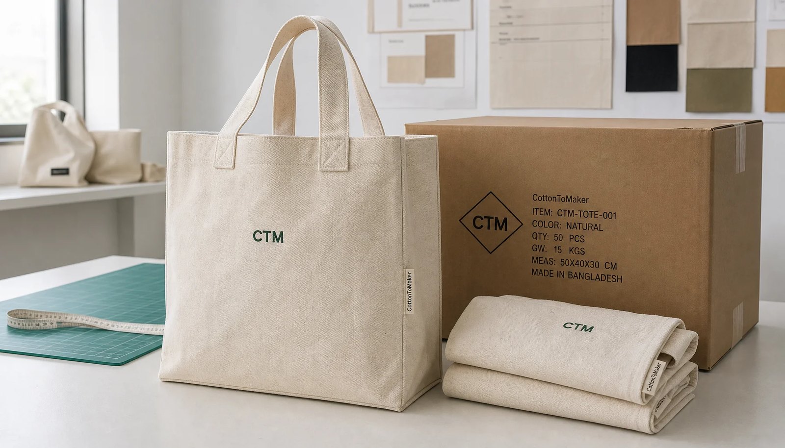 Custom canvas grocery totes with CTM sample logo packed beside an export carton for bookstore orders