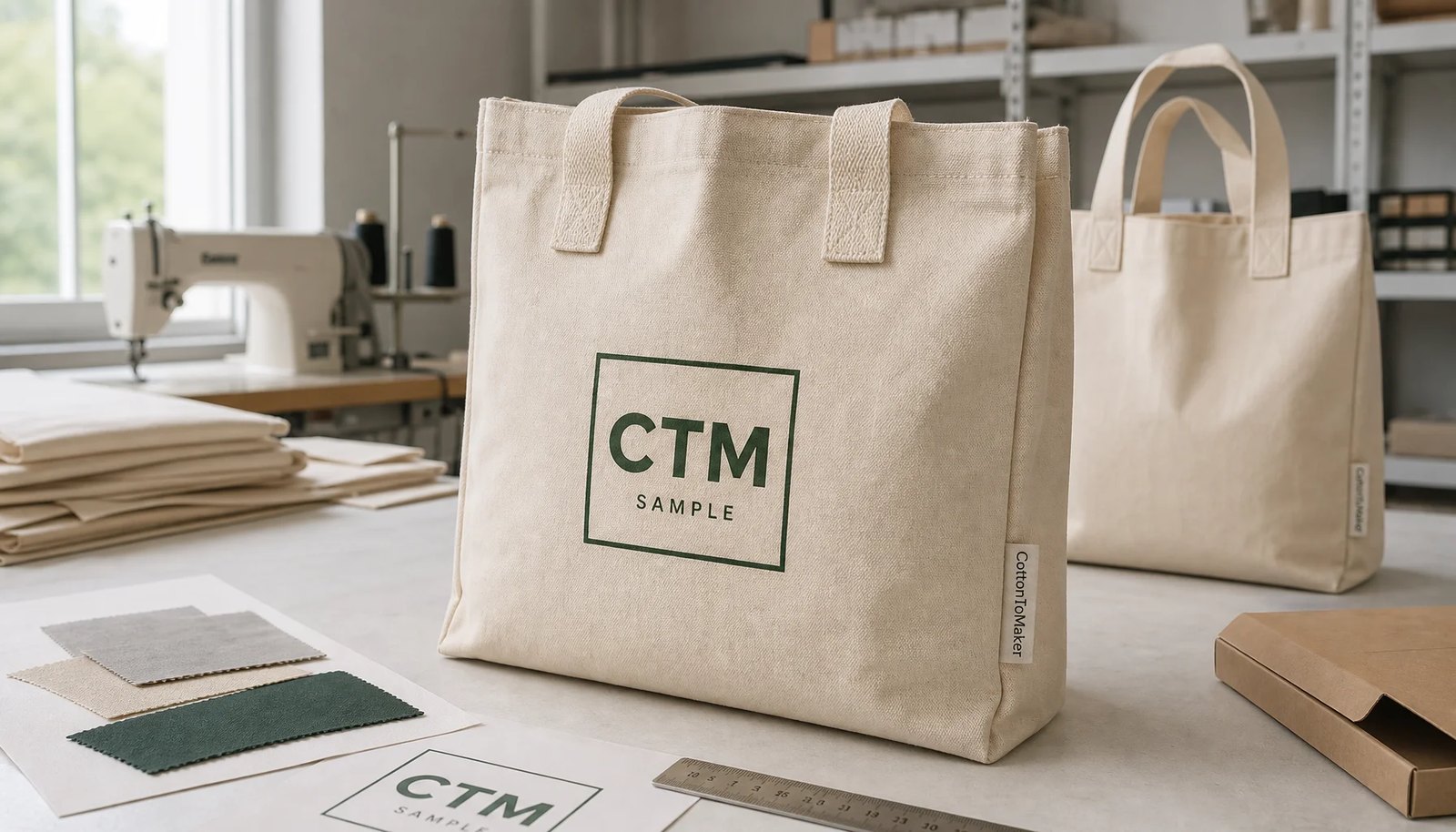 Custom canvas grocery tote sample with CTM print proof and CottonToMaker side label in a factory sample room