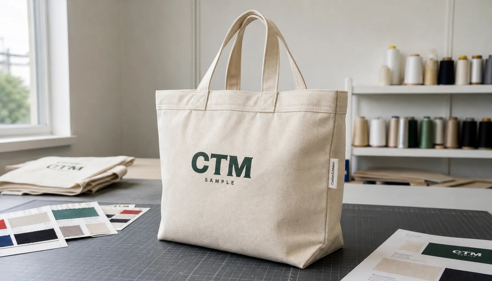 Custom canvas grocery tote with CTM sample logo and CottonToMaker side label in a factory sample room