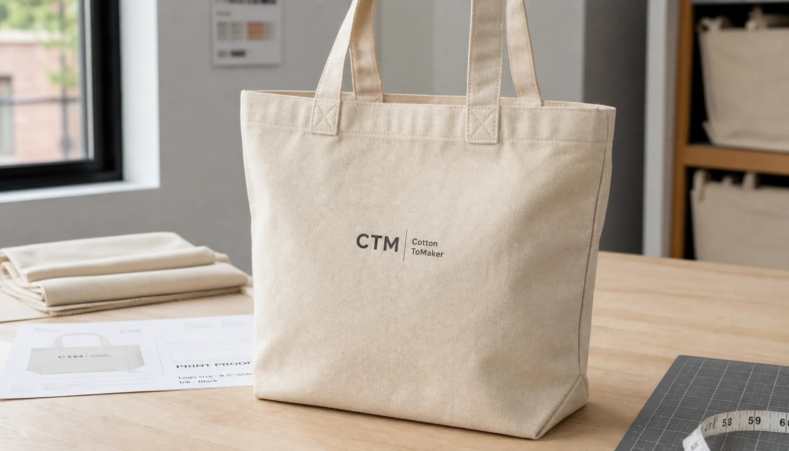 Custom canvas grocery tote sample with CTM logo and print proof sheet for university bookstore review