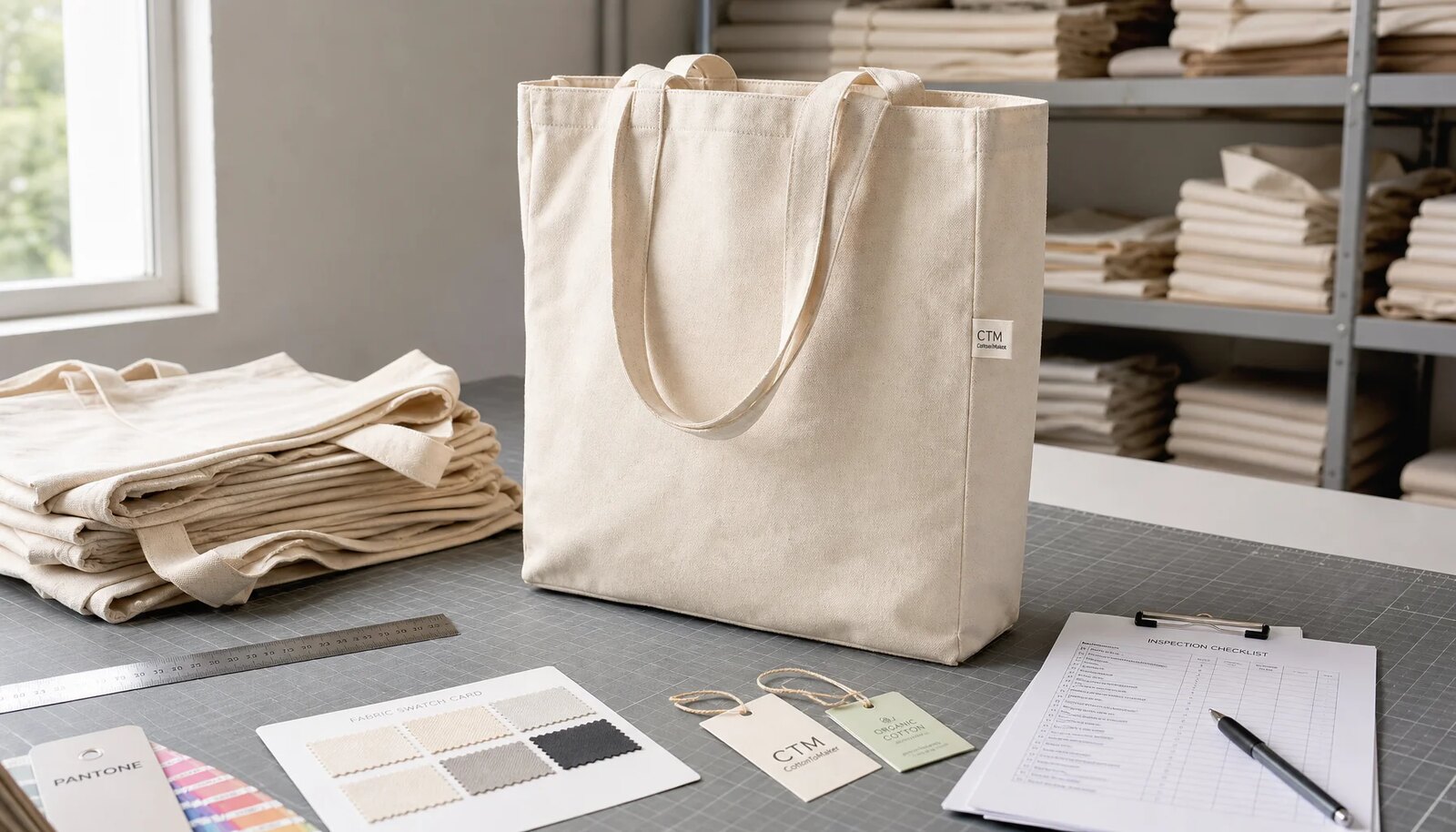 Natural canvas grocery tote with a sewn CottonToMaker side label shown in a factory sample room