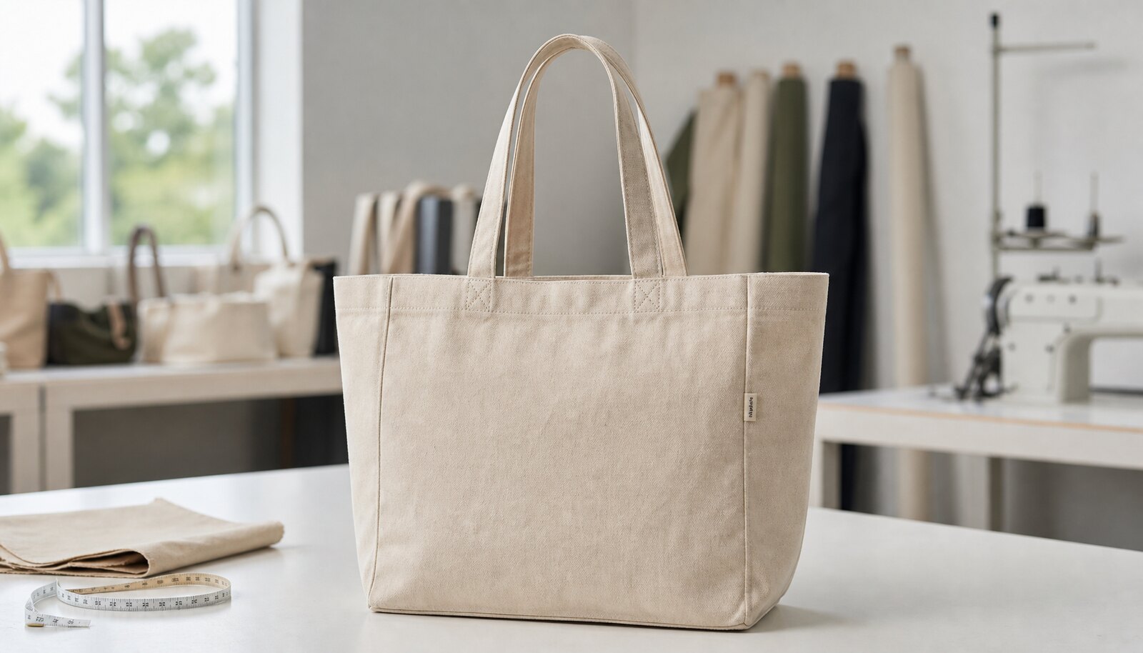 Natural canvas grocery tote with a small CTM side label in a clean factory sample room