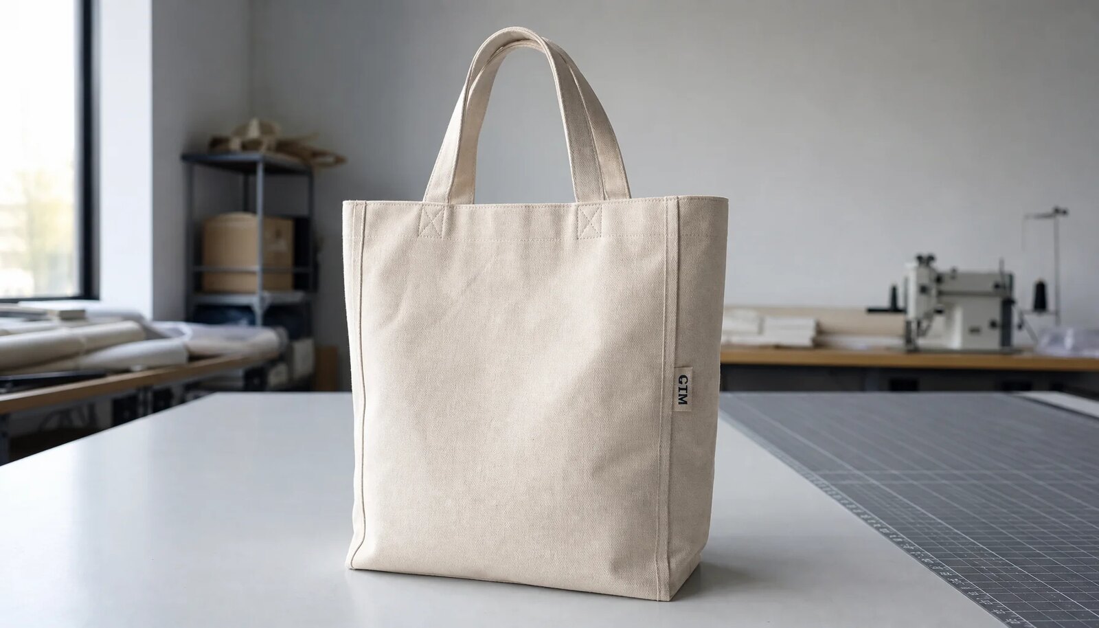 Photorealistic custom canvas grocery tote with CTM logo in a factory sample room