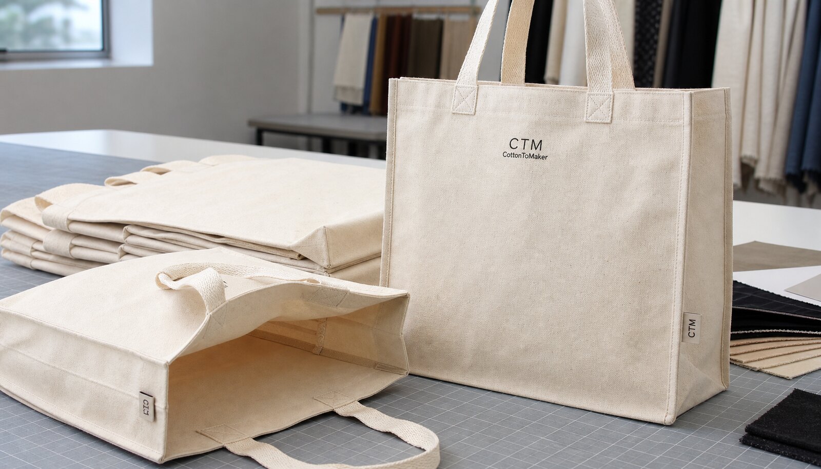 Natural cotton canvas grocery tote with printed logo, reinforced handles, and visible stitching in a factory sample room