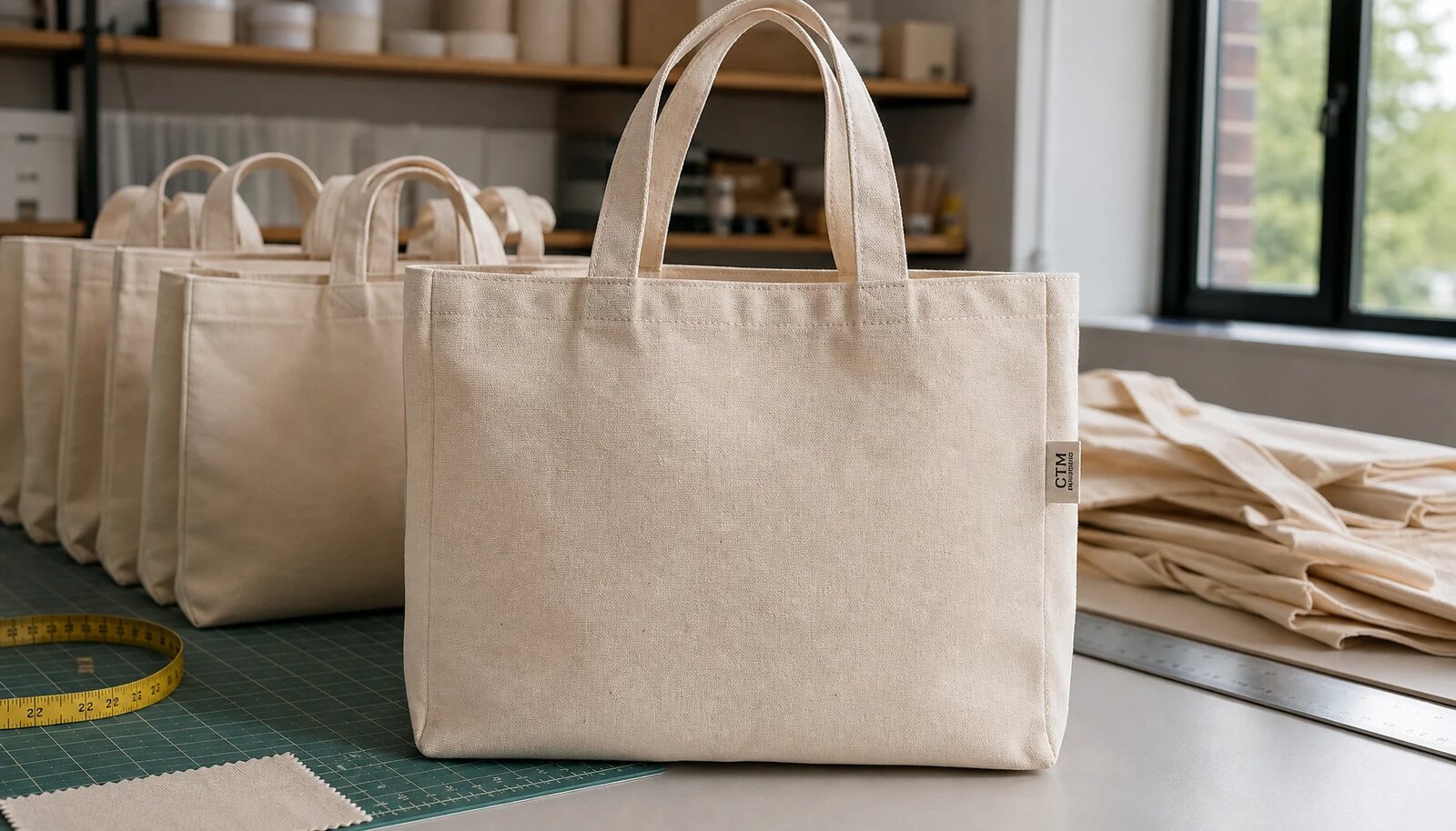 Natural canvas grocery totes in a factory sample room with a sewn CottonToMaker side label