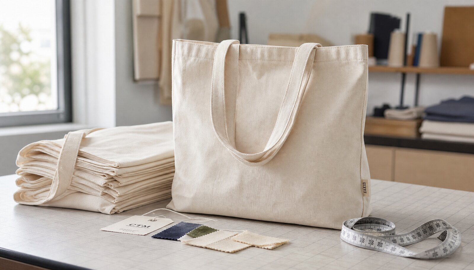 Natural canvas grocery tote sample with a stitched CTM side label in a factory sample room