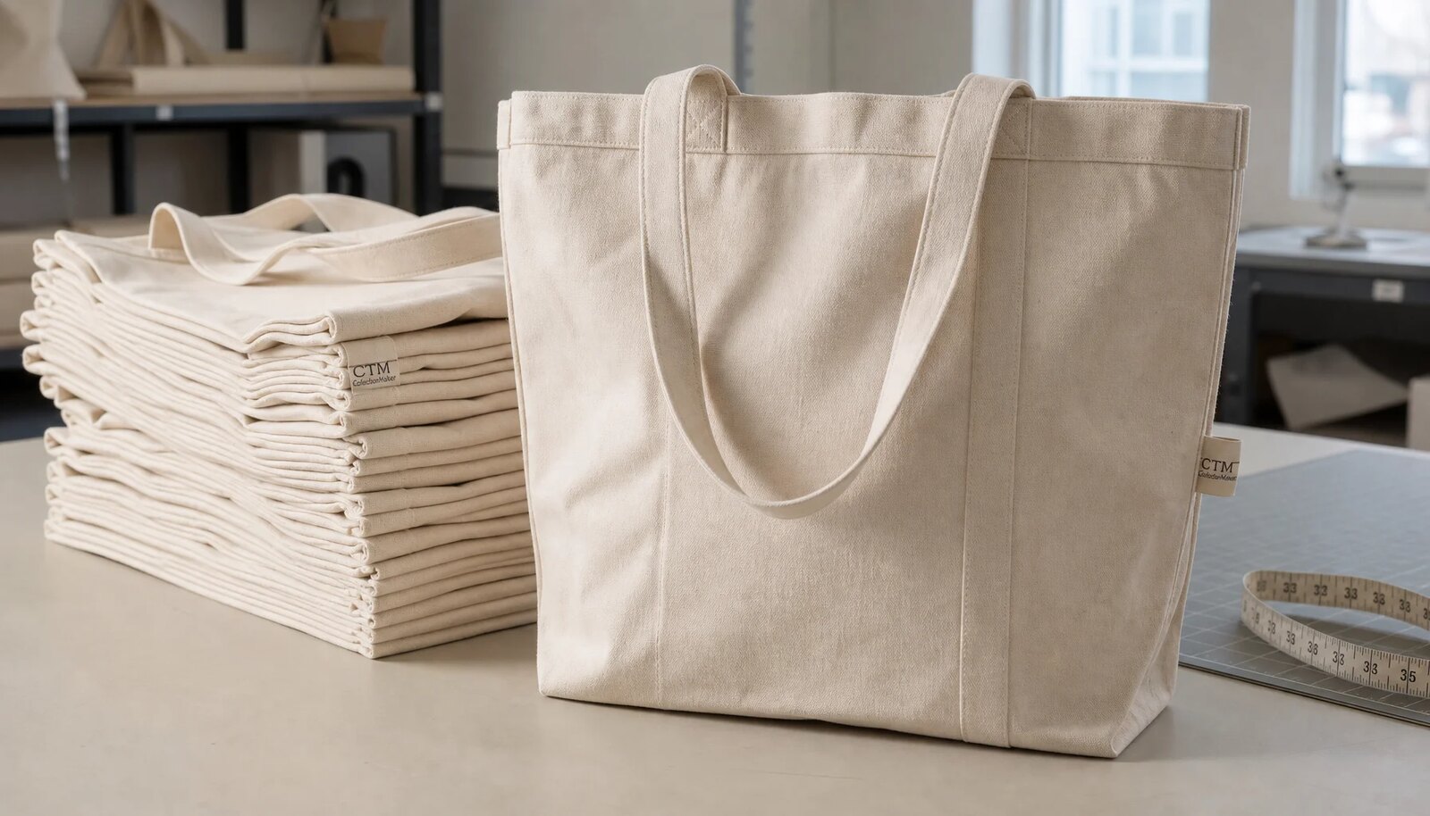 Photorealistic canvas grocery tote sample with a small CTM / CottonToMaker logo in a factory sample room