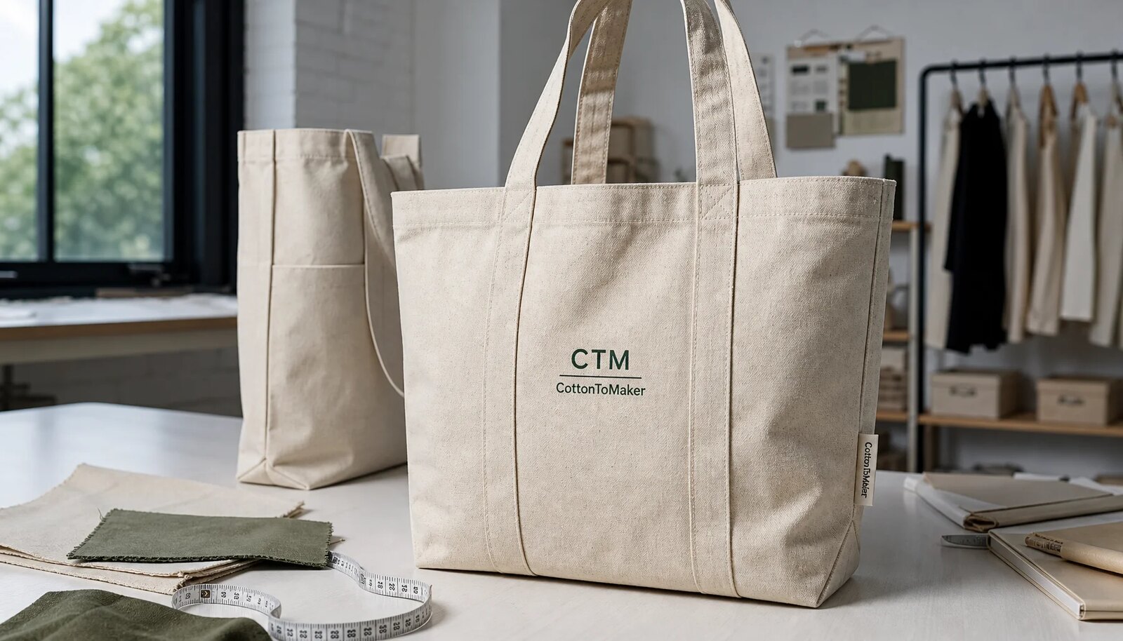 Custom natural canvas grocery tote with CTM logo in a clean sample room