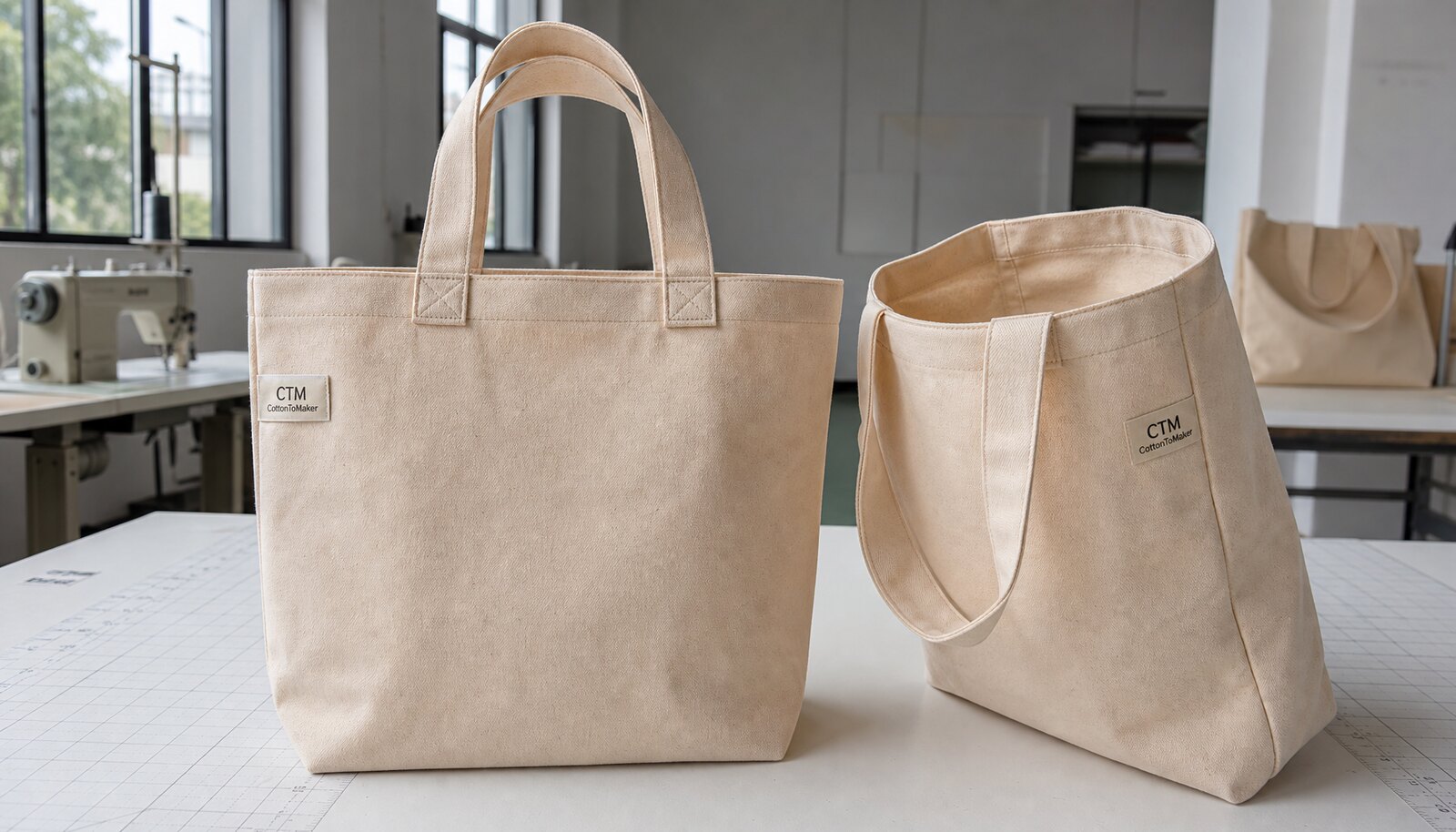 Custom canvas grocery totes with a small CottonToMaker woven side label displayed in a factory sample room