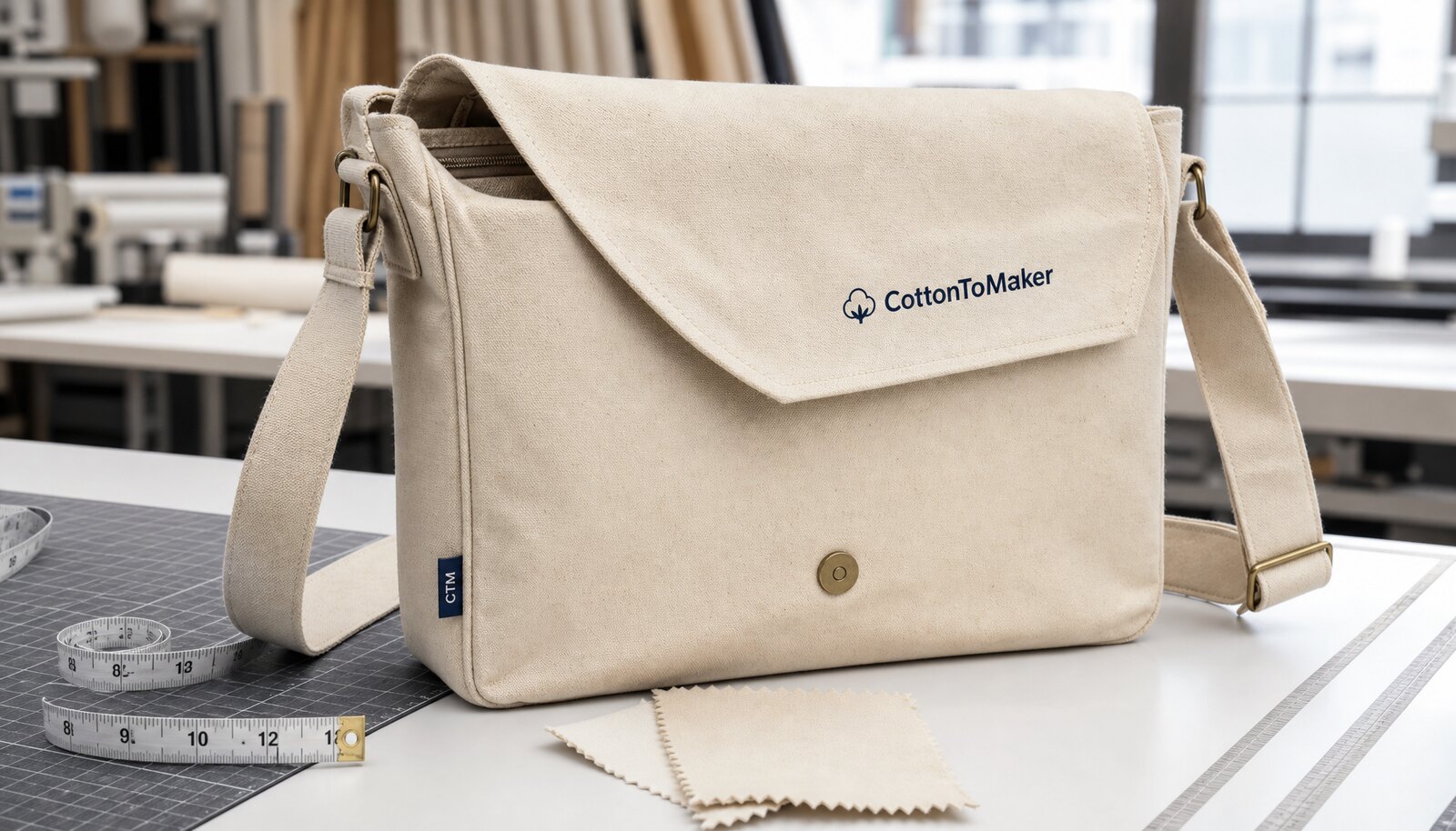 Custom canvas messenger bag sample with CottonToMaker logo in a factory sample room