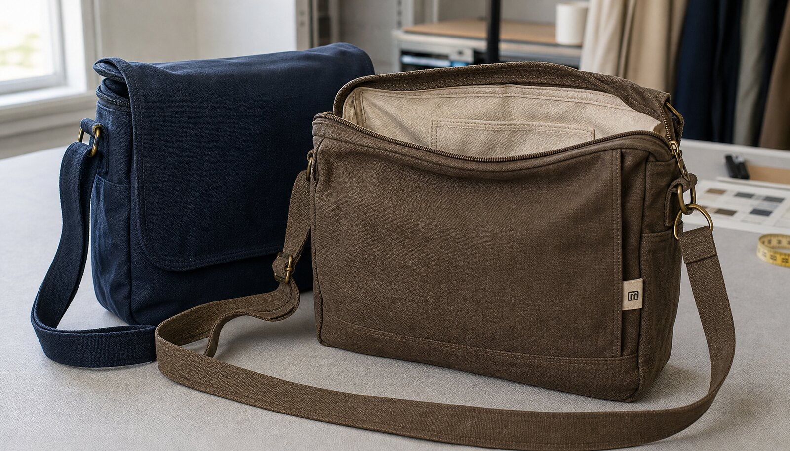 Custom canvas messenger bags with a simple CTM sample logo stitched on a side label in a factory sample room