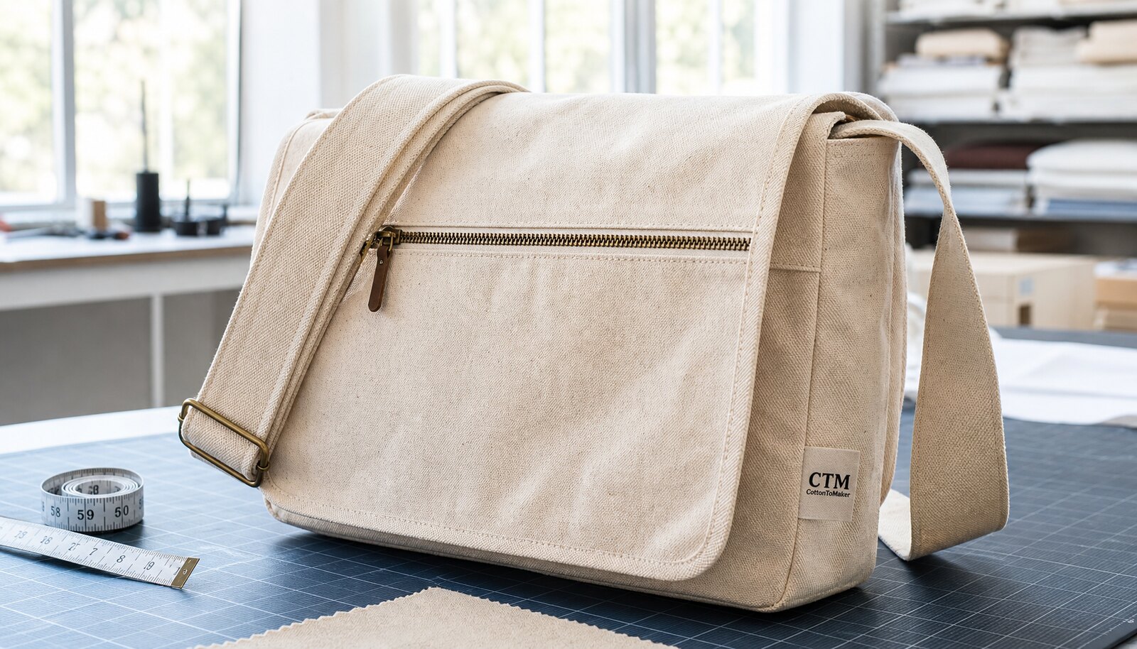 Custom canvas messenger bag with a small CottonToMaker sample label in a clean factory sample room.