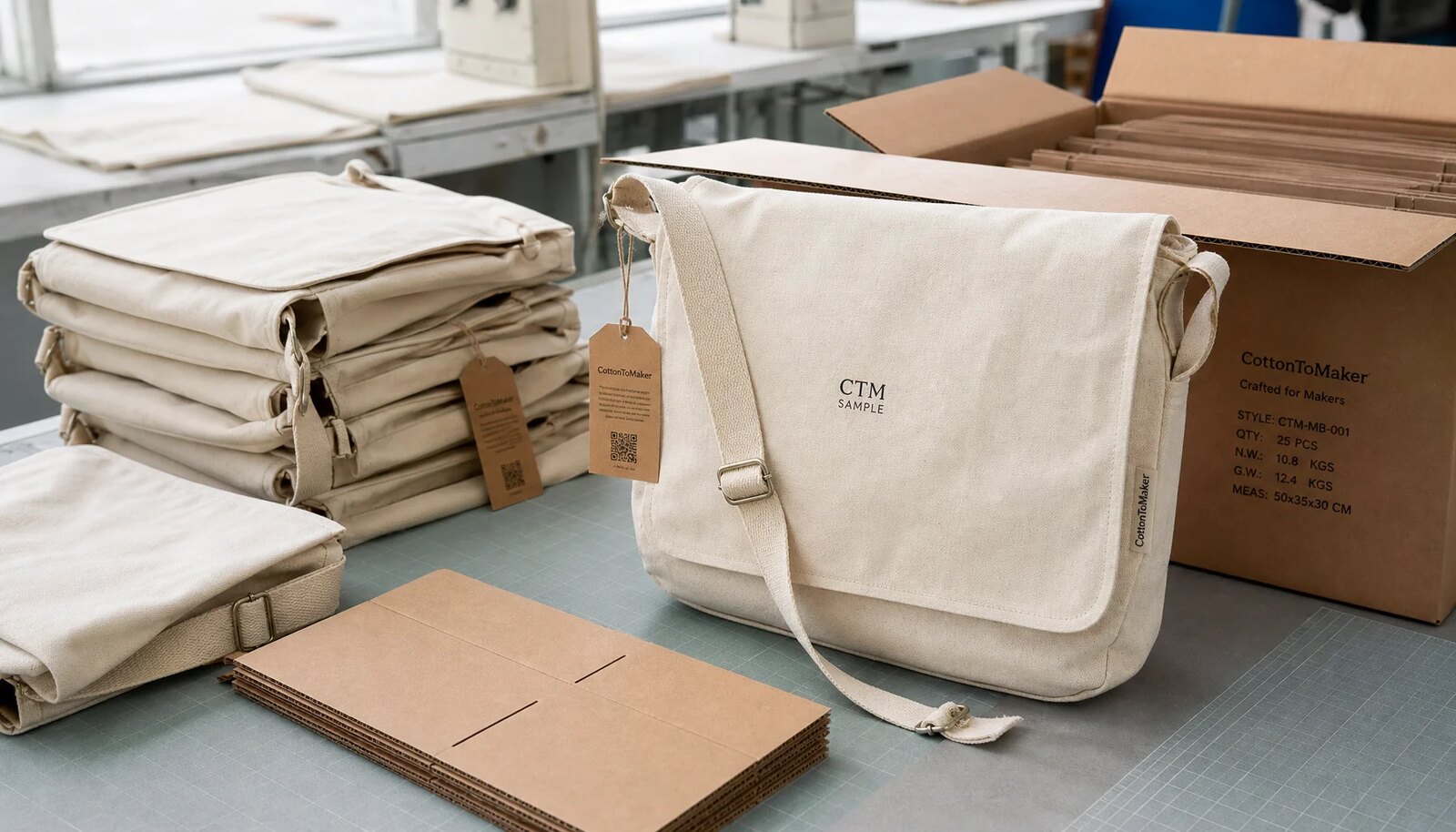Custom canvas messenger bag with printed flap beside open export carton packing setup