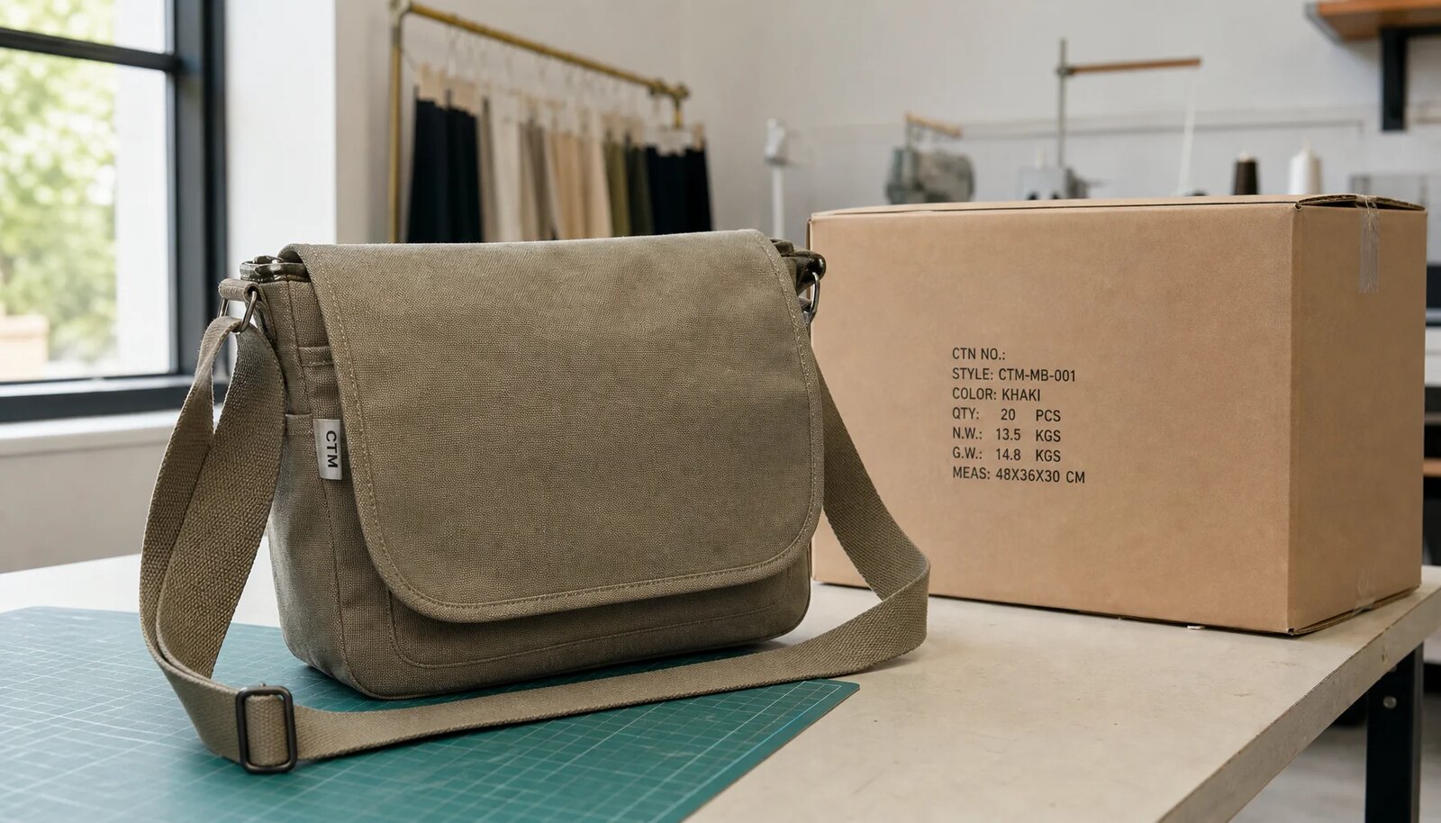 Canvas messenger bag sample with a CTM CottonToMaker side label beside a plain export carton in a factory sample room