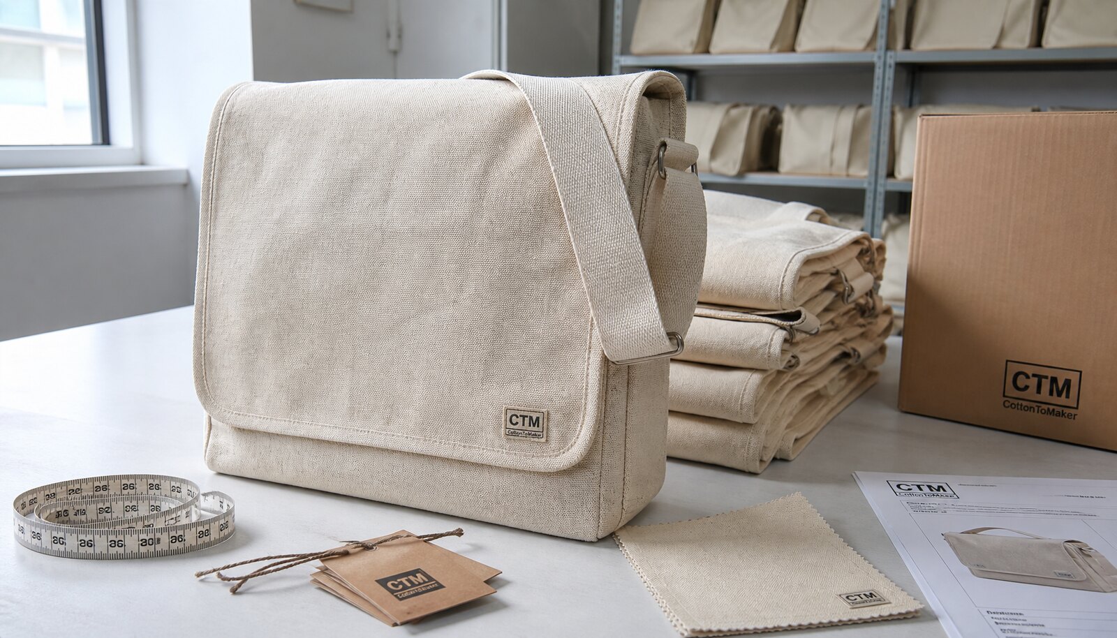 Photorealistic custom canvas messenger bag with sewn CTM CottonToMaker side label in a factory sample room