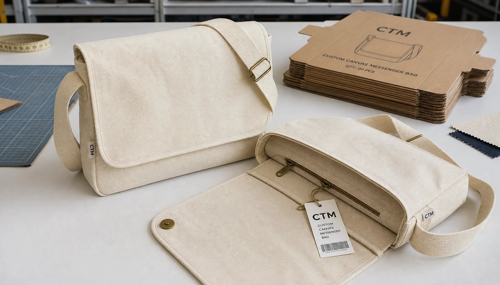 Custom canvas messenger bag sample with CTM woven side label prepared for university bookstore carton packing review