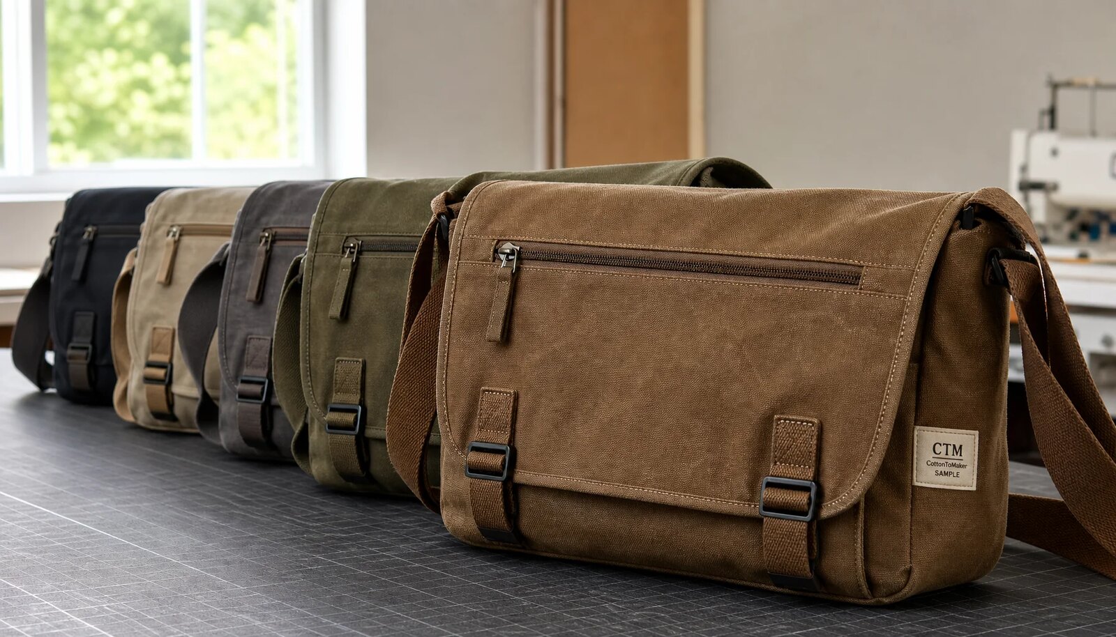 Photorealistic canvas messenger bags in a factory sample room with a small CTM sample logo on the bag label.