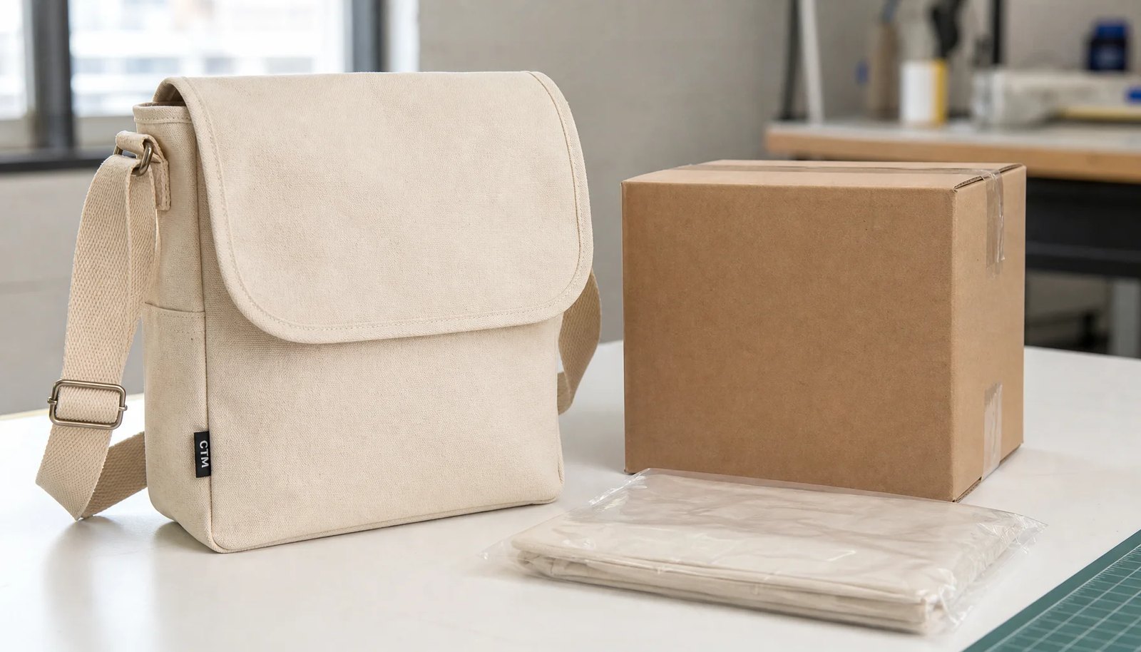 Custom canvas messenger bag with CTM side label beside export carton for university bookstore packing review