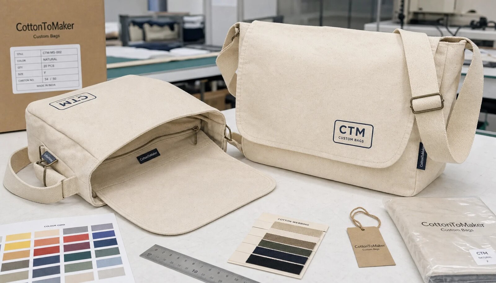 Custom canvas messenger bags with CTM logo sample and sourcing materials in a clean studio