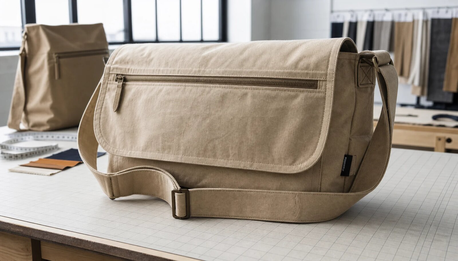 Photorealistic canvas messenger bag with a small CTM sample logo shown in a factory sample room