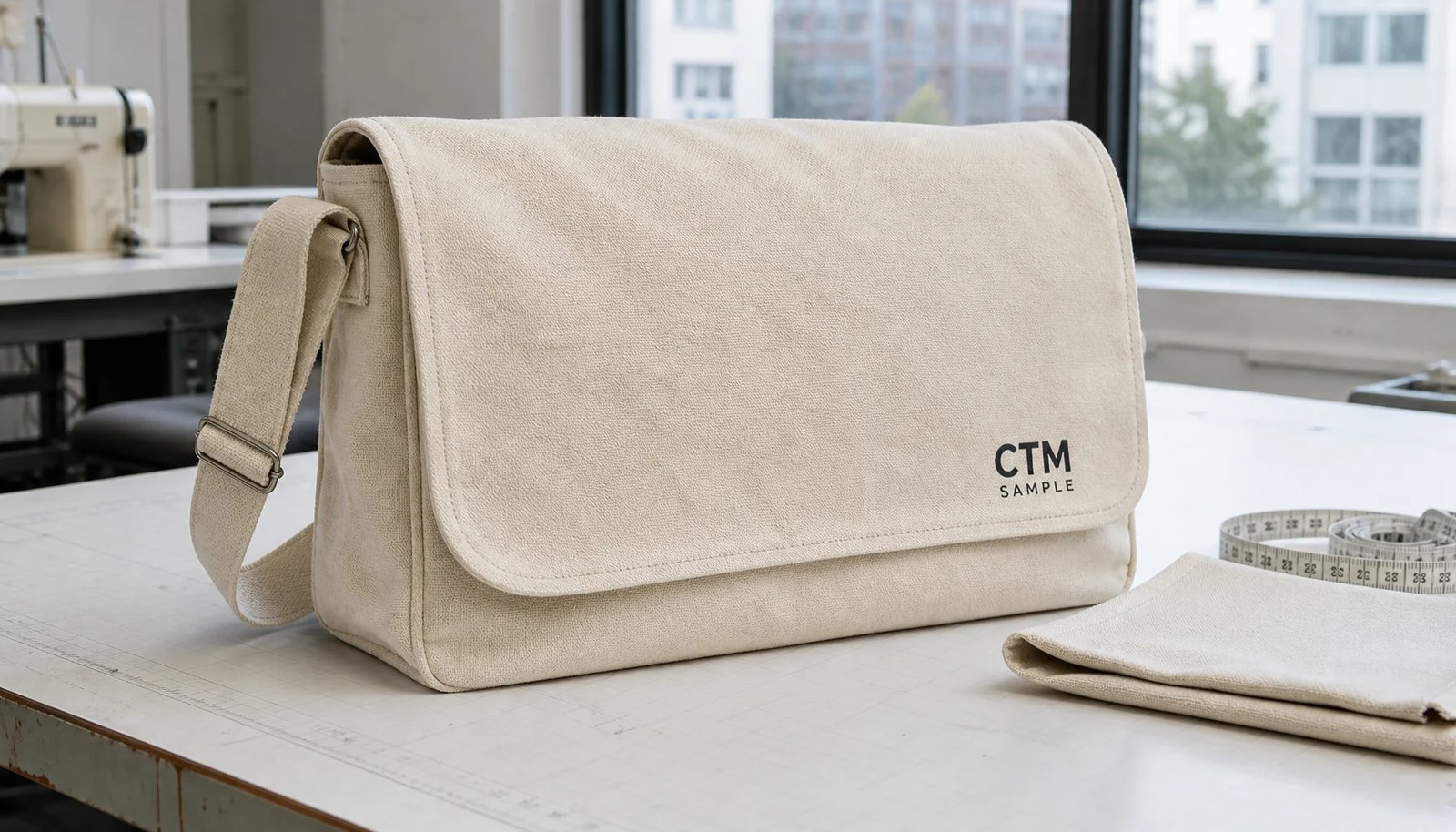 Custom canvas messenger bag sample with CTM logo and shoulder strap for durability review