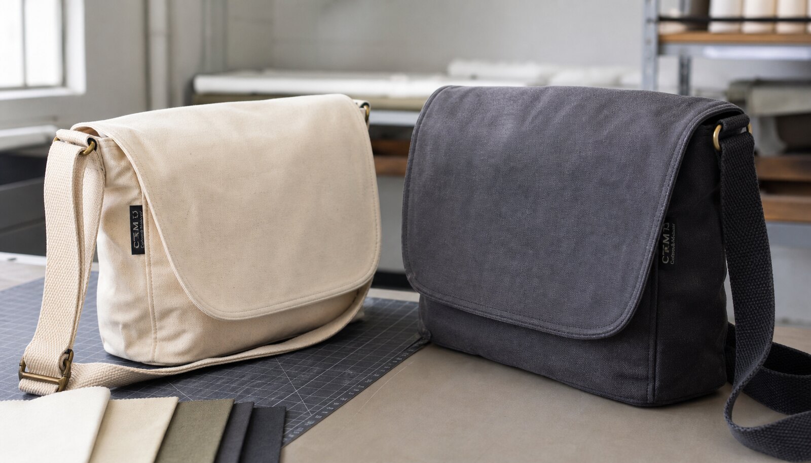 Two custom canvas messenger bags with a CTM CottonToMaker side label in a clean factory sample room.