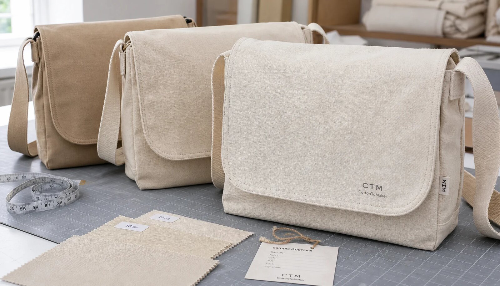 Custom canvas messenger bag samples with CTM logo showing different fabric weights for craft fair buyers