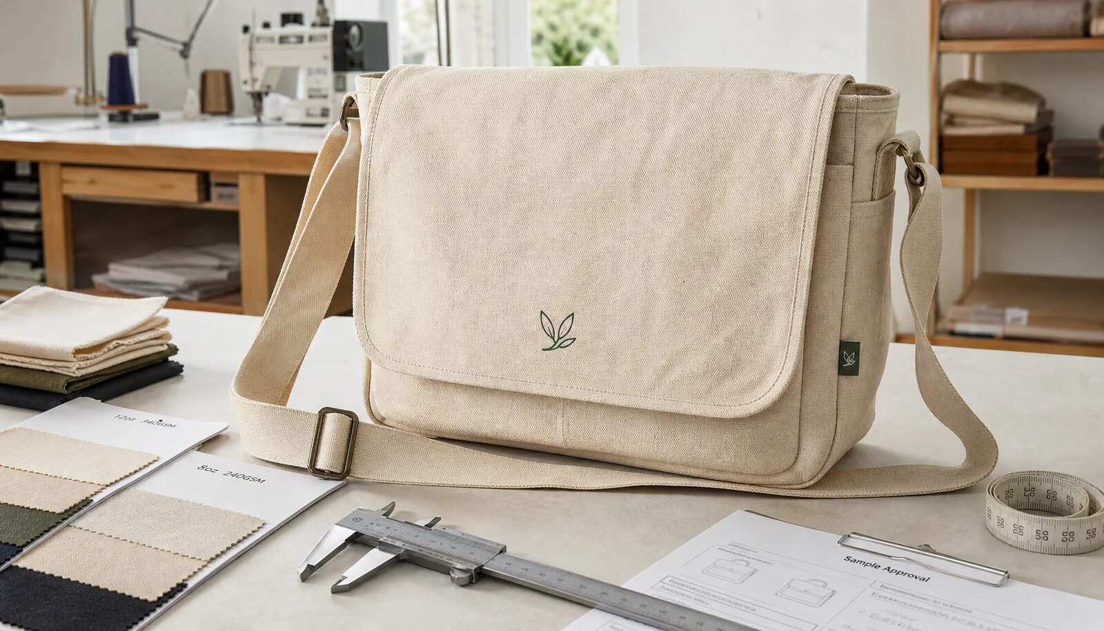 Custom canvas messenger bag sample with fabric swatches and measurement tools in a factory sample room
