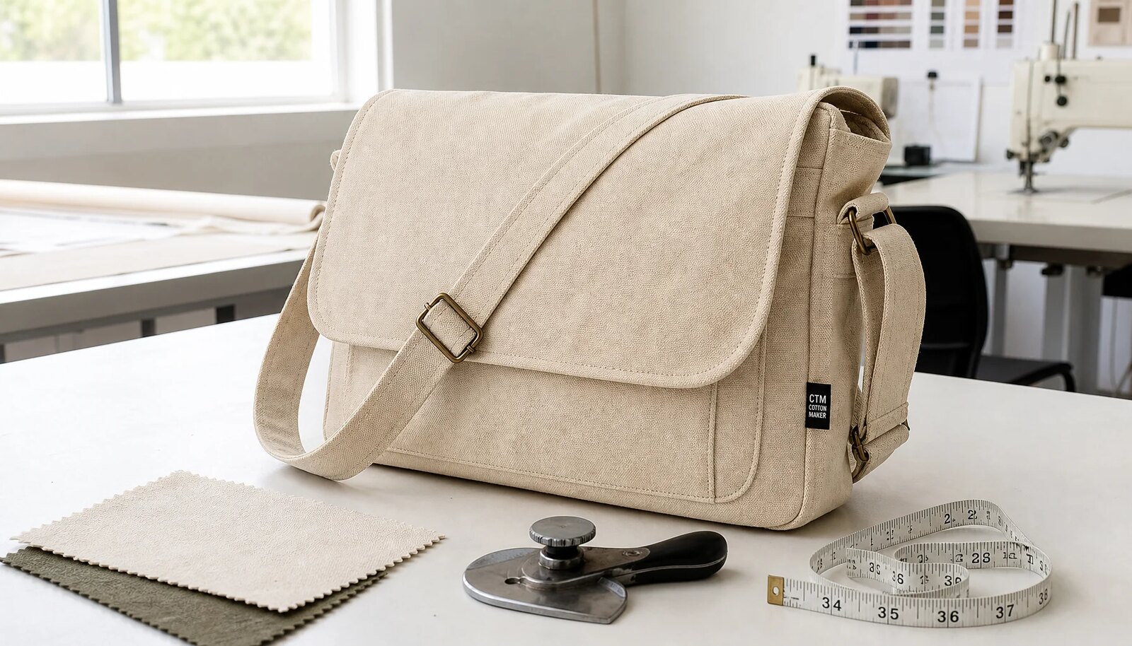 Natural canvas messenger bag with visible stitching and a CottonToMaker sample label in a factory sample room.