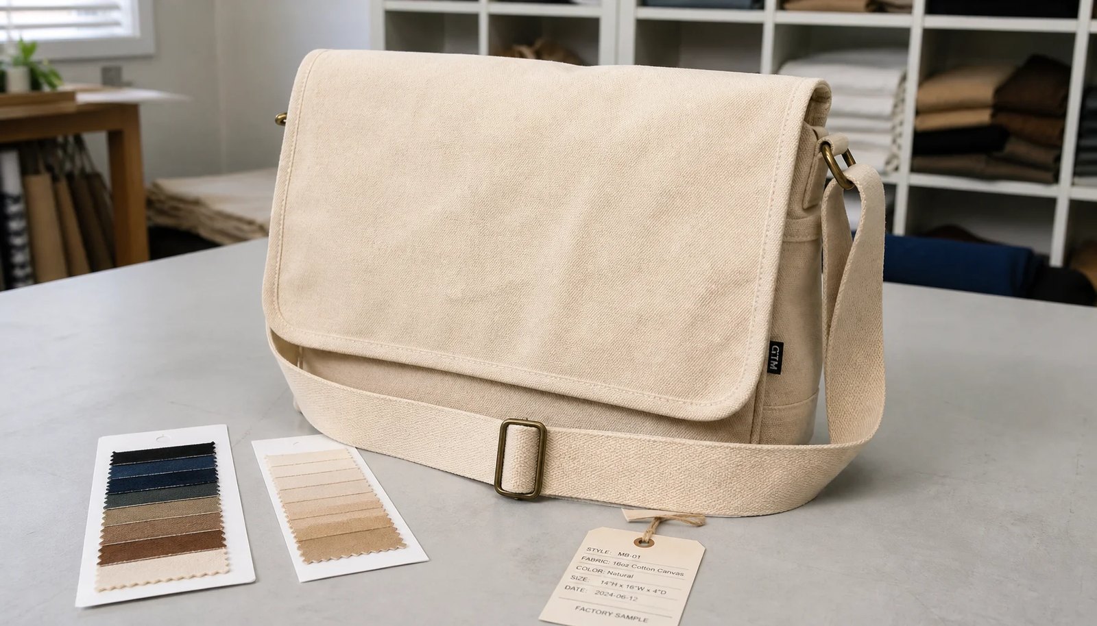 Natural cotton canvas messenger bag sample with CTM woven side label on a clean studio table