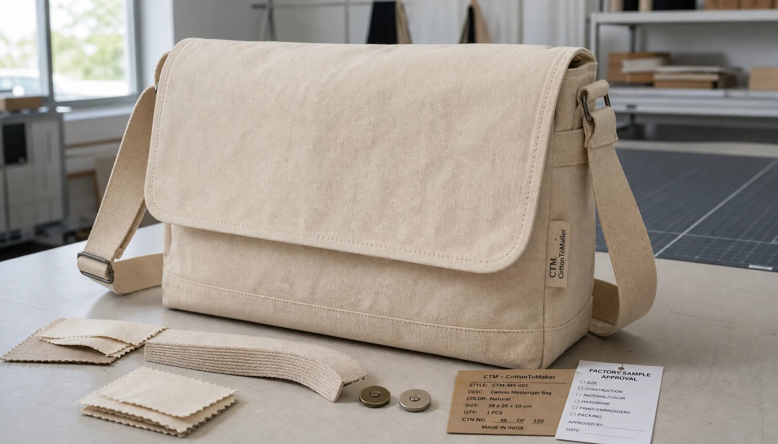 Custom canvas messenger bag sample with CTM CottonToMaker woven side label, fabric swatches, strap webbing, and sample approval tag
