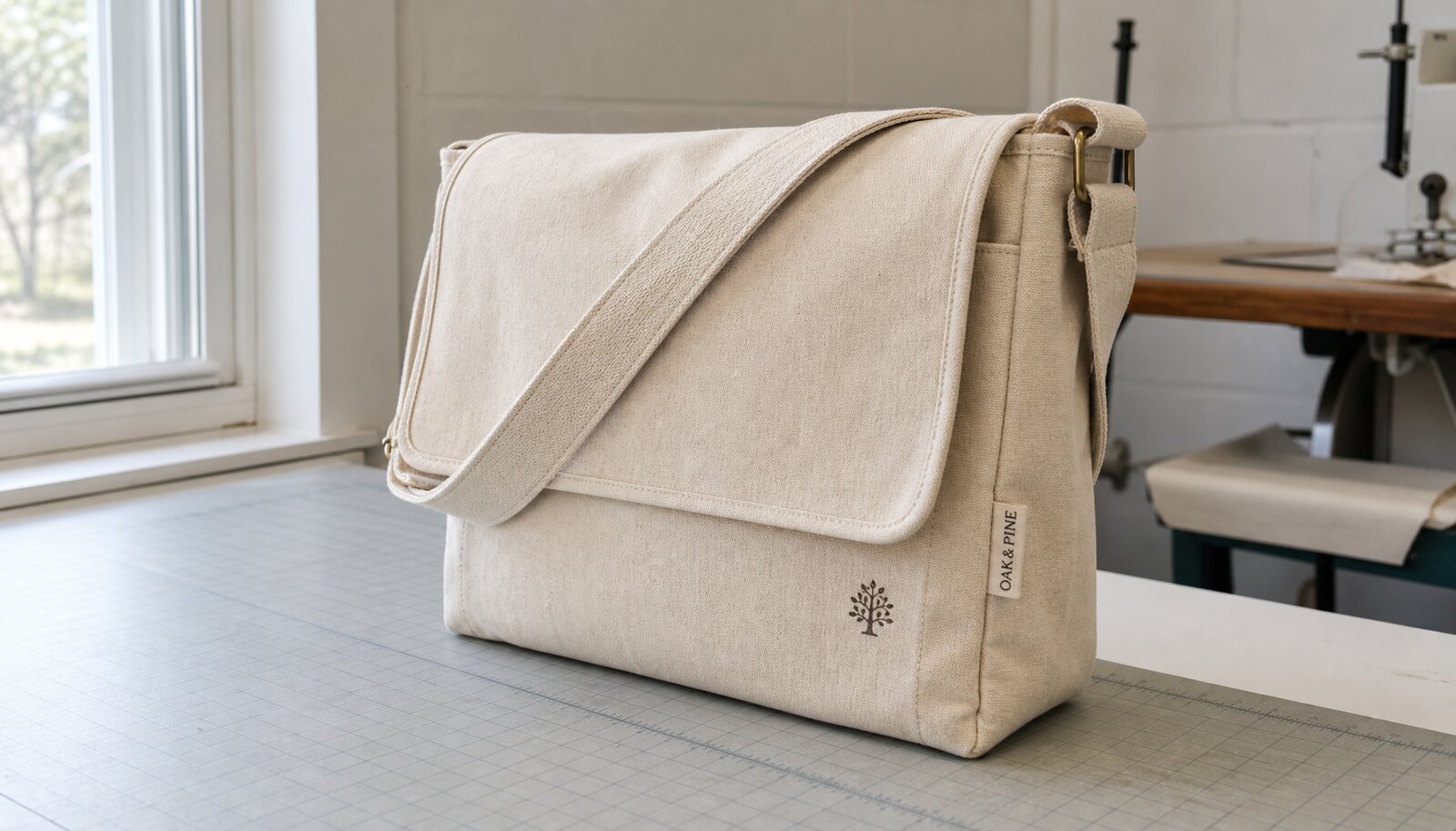 Custom canvas messenger bag with a visible CTM/CottonToMaker woven side label in a factory sample room