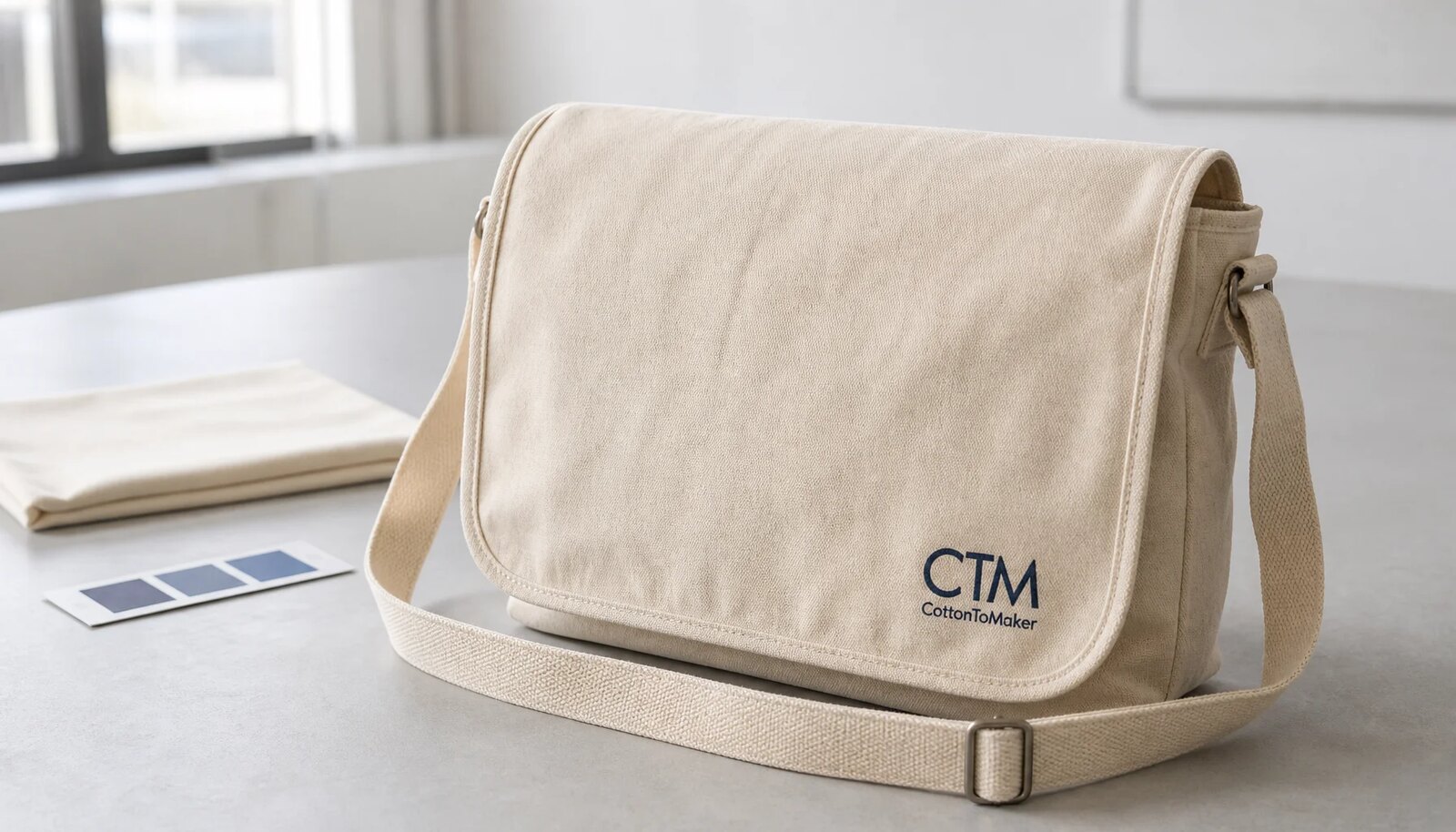 Natural canvas messenger bag with CTM sample logo printed on the front flap