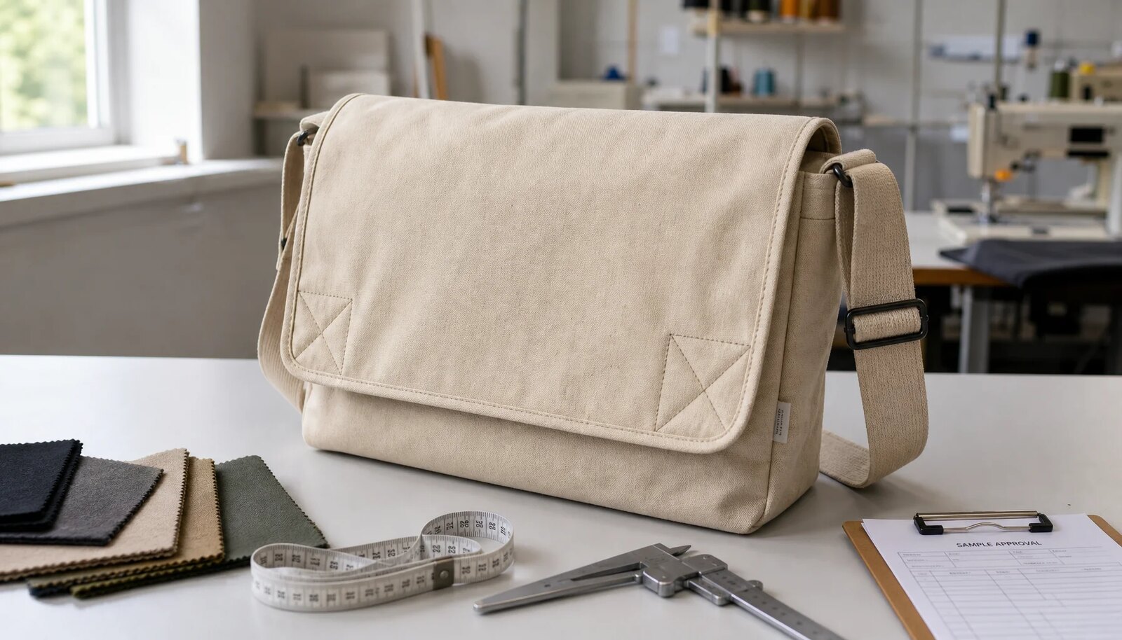Canvas messenger bag sample with fabric swatches and a CTM side label in a factory sample room.