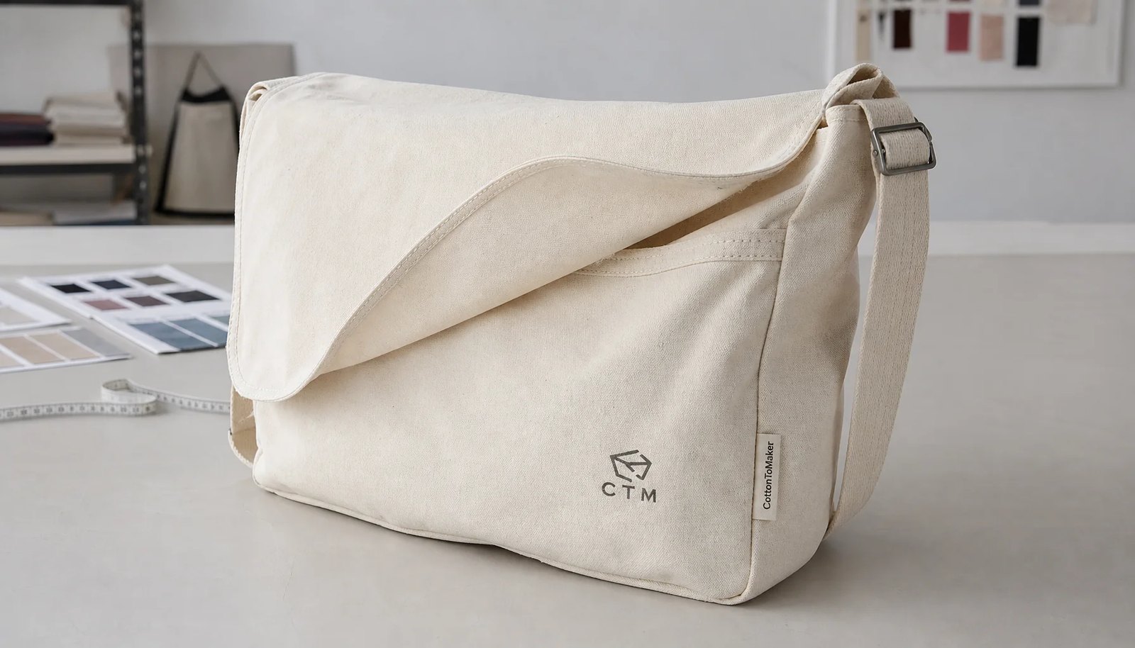 Custom natural canvas messenger bag sample with CTM logo and woven CottonToMaker side label in a factory sample room