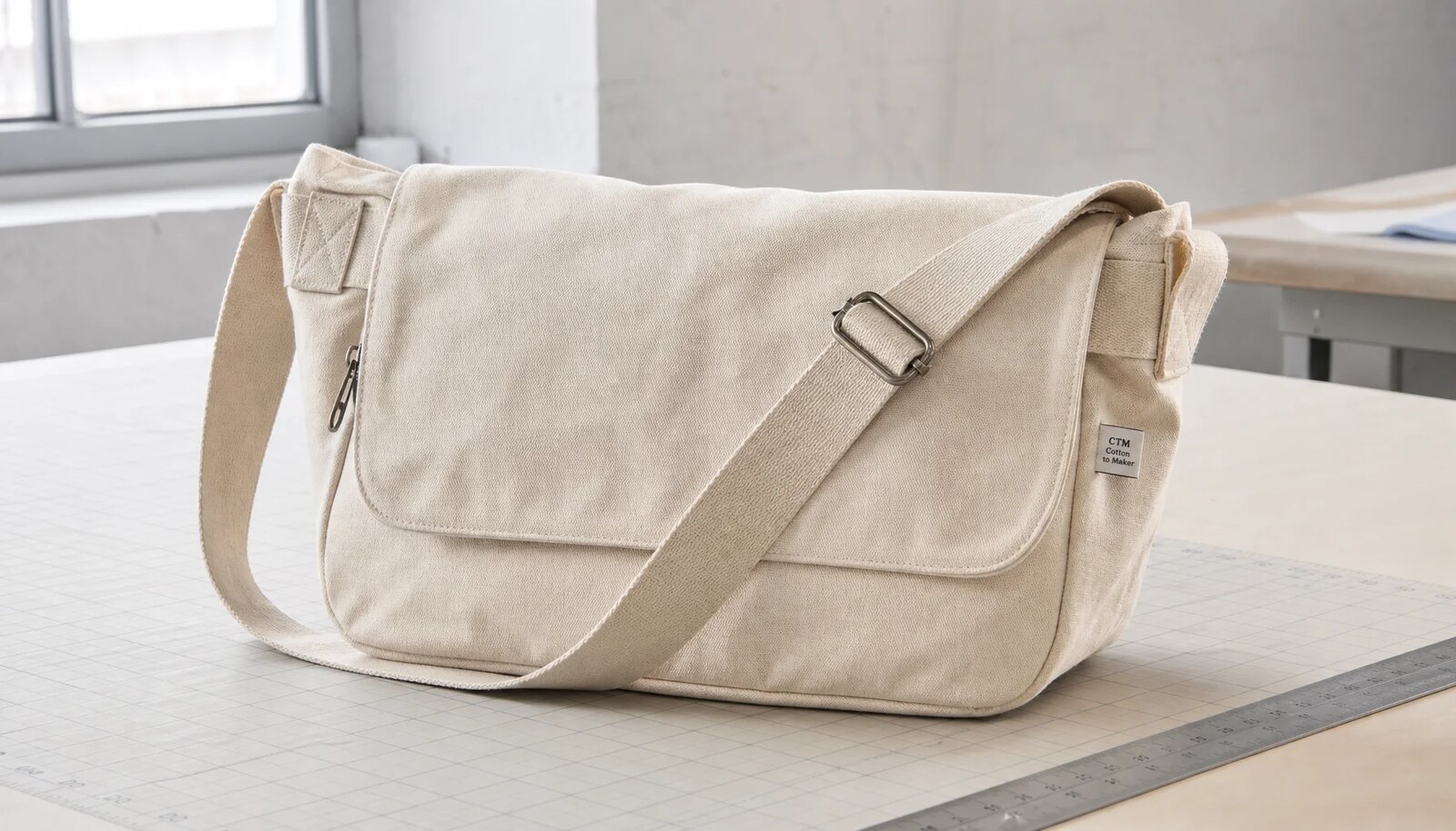 Custom canvas messenger bag sample with visible fabric texture stitching and adjustable strap