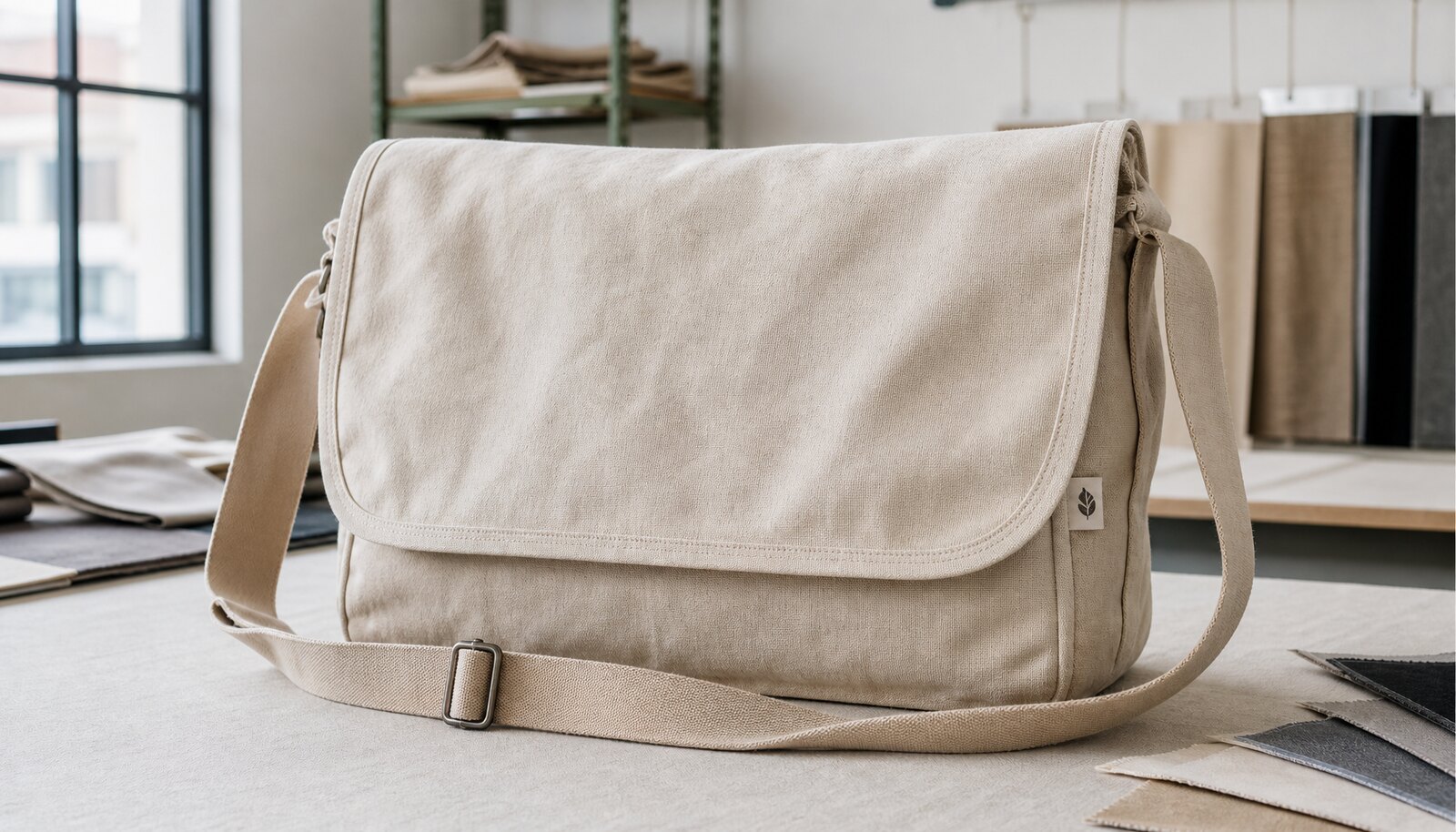 Photorealistic canvas messenger bag sample with a small CTM side label in a factory sample room
