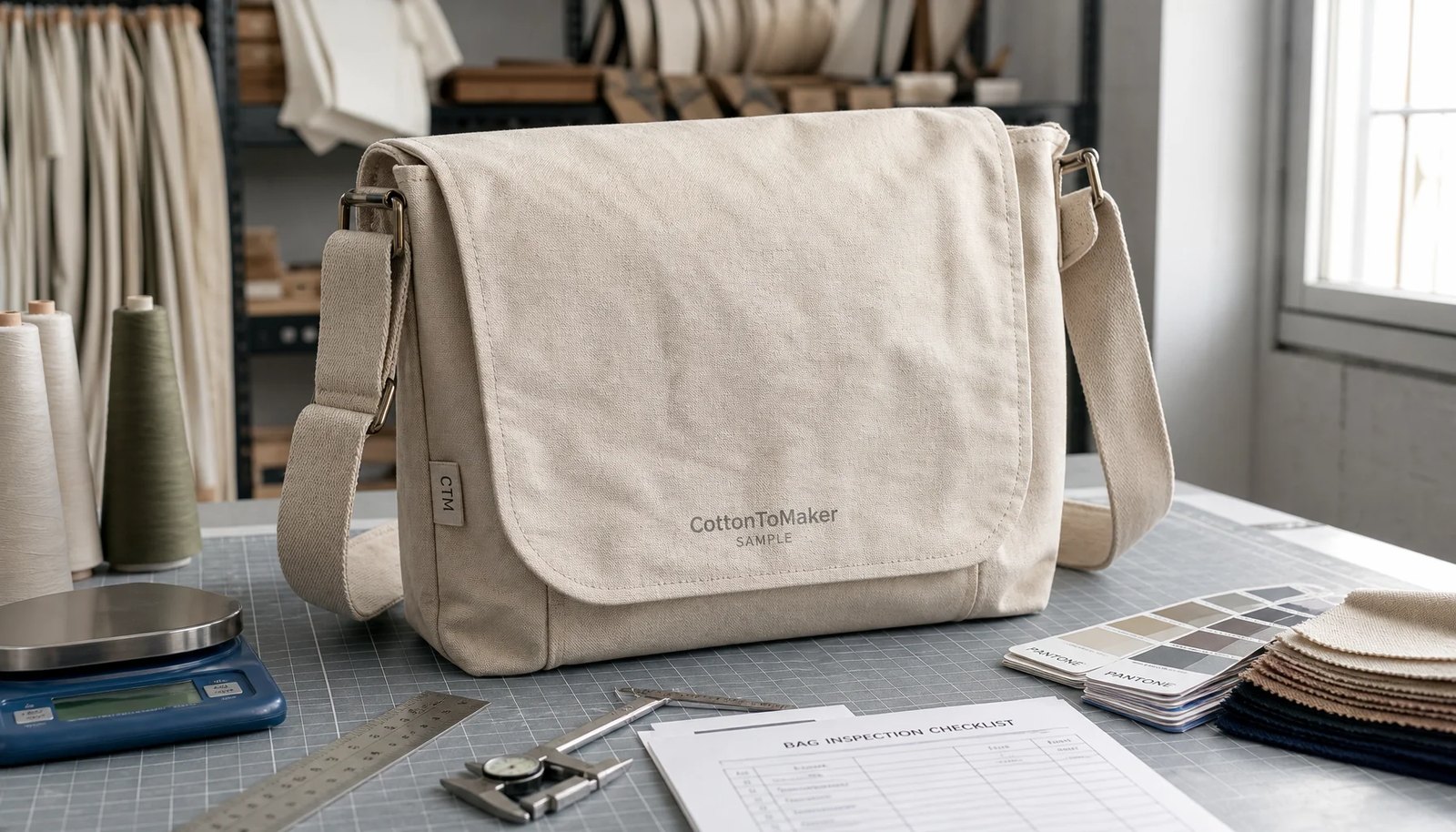 Custom canvas messenger bag sample with CTM side label, fabric swatches, ruler, and production tools in a factory sample room