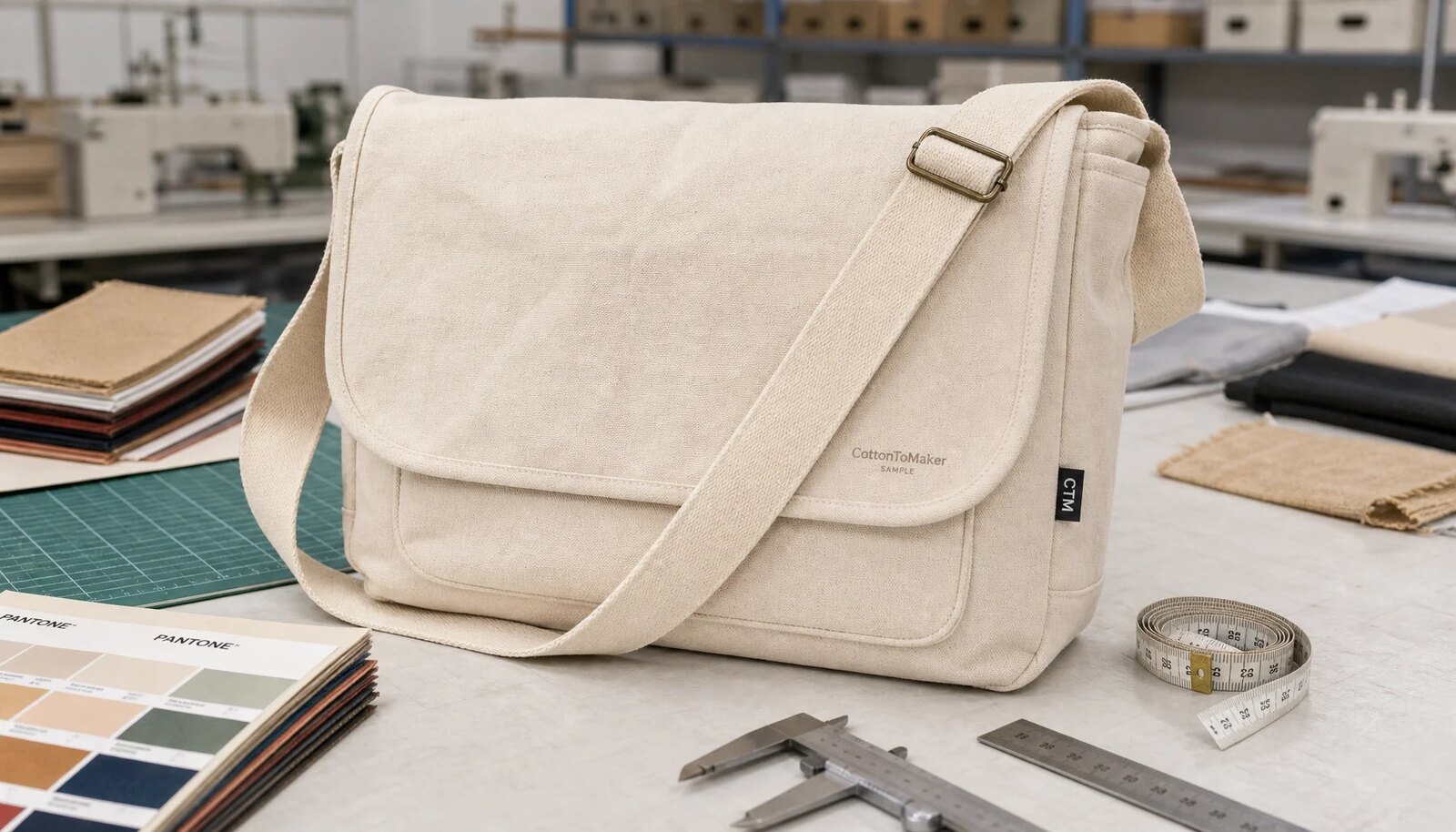 Natural canvas messenger bag sample with CTM woven side label, screen printed logo, fabric swatches, and measuring tools