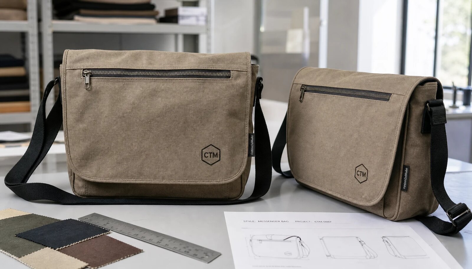 Photorealistic canvas messenger bag with a simple CTM sample logo printed and a woven side label sewn on, shown in a factory sample room.