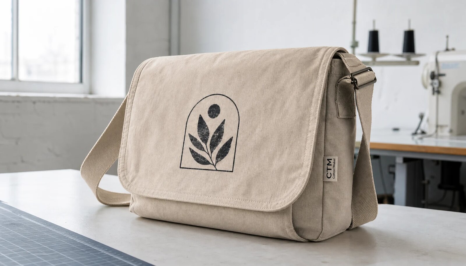 Photorealistic custom canvas messenger bag with a small sewn CTM CottonToMaker side label and proof print in a factory sample room