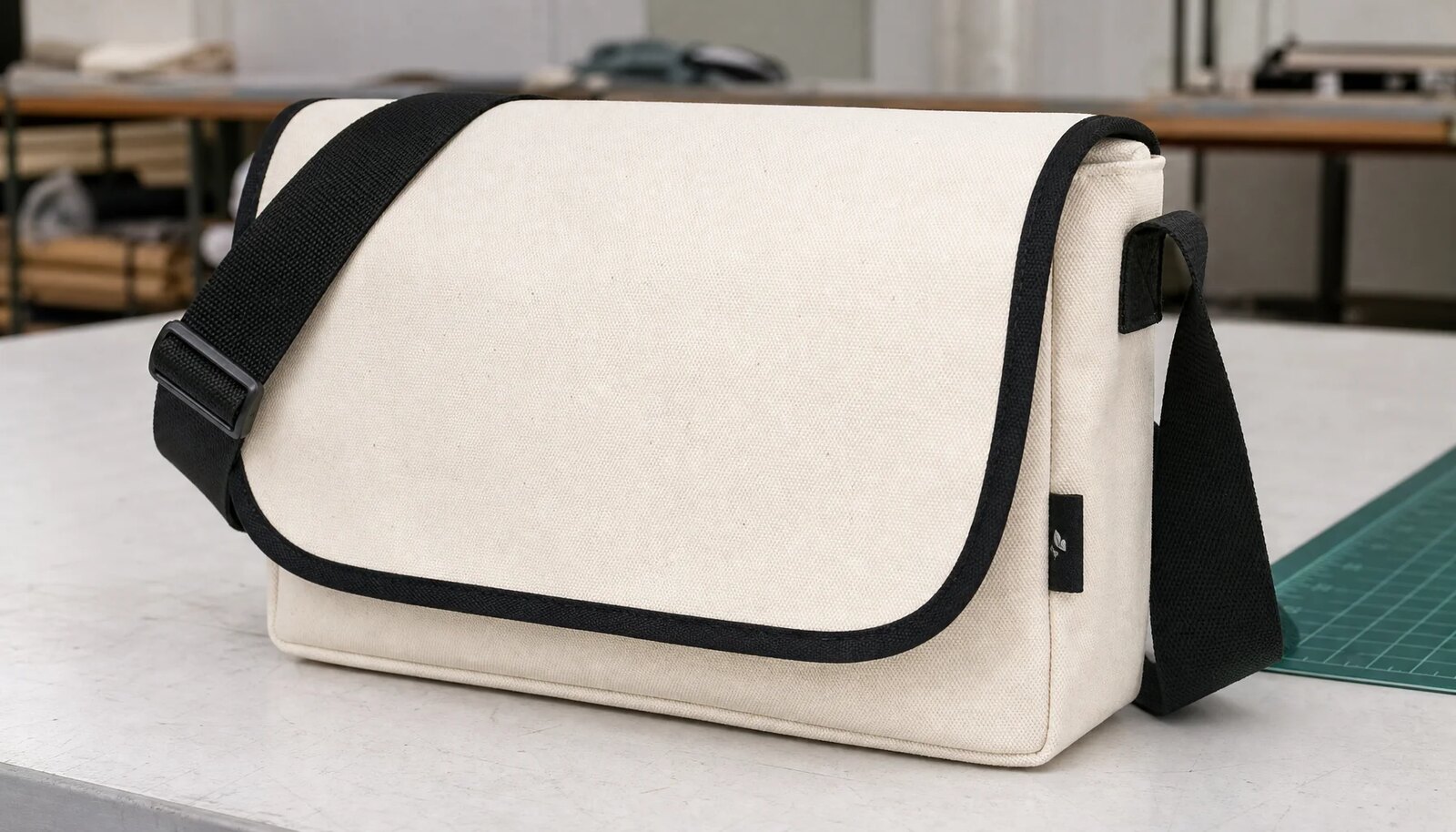 Custom canvas messenger bag sample with a CTM woven side label in a factory sample room