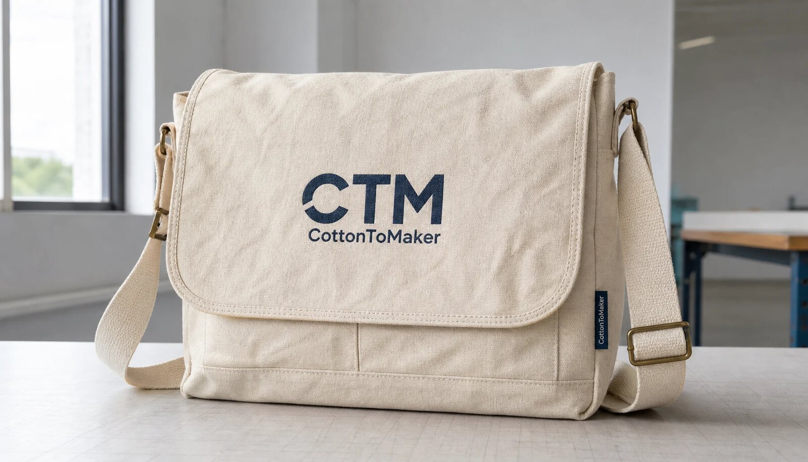 A custom canvas messenger bag with a printed CTM logo and stitched side label in a factory sample room.